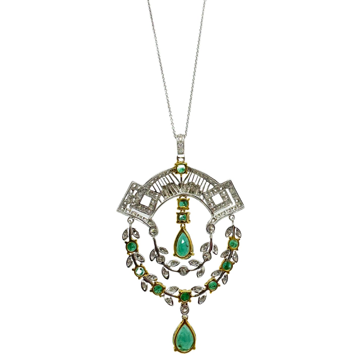 18K Two Tone Diamond and Emerald Pendant Necklace