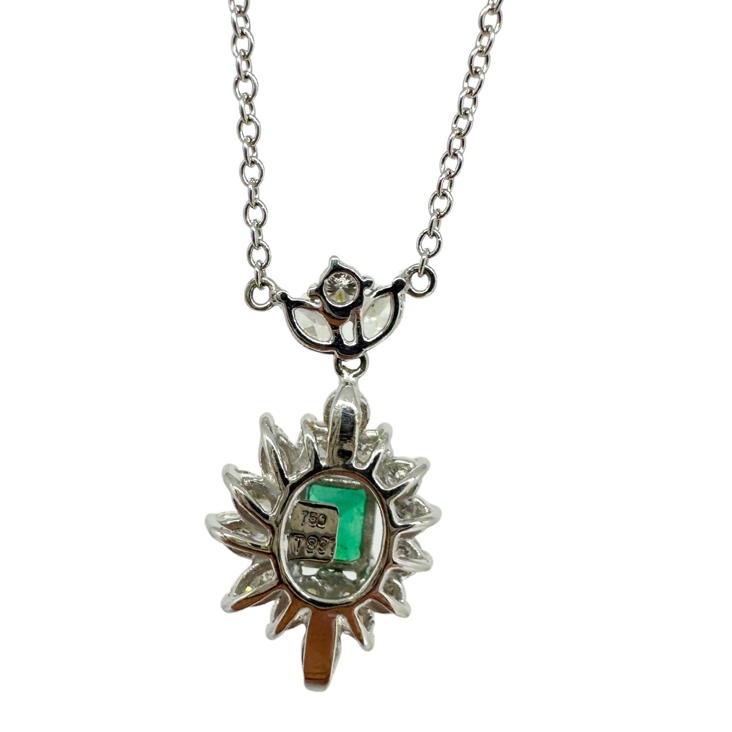 18K White Gold Diamond and Marquise Cut Emerald Pendant Necklace