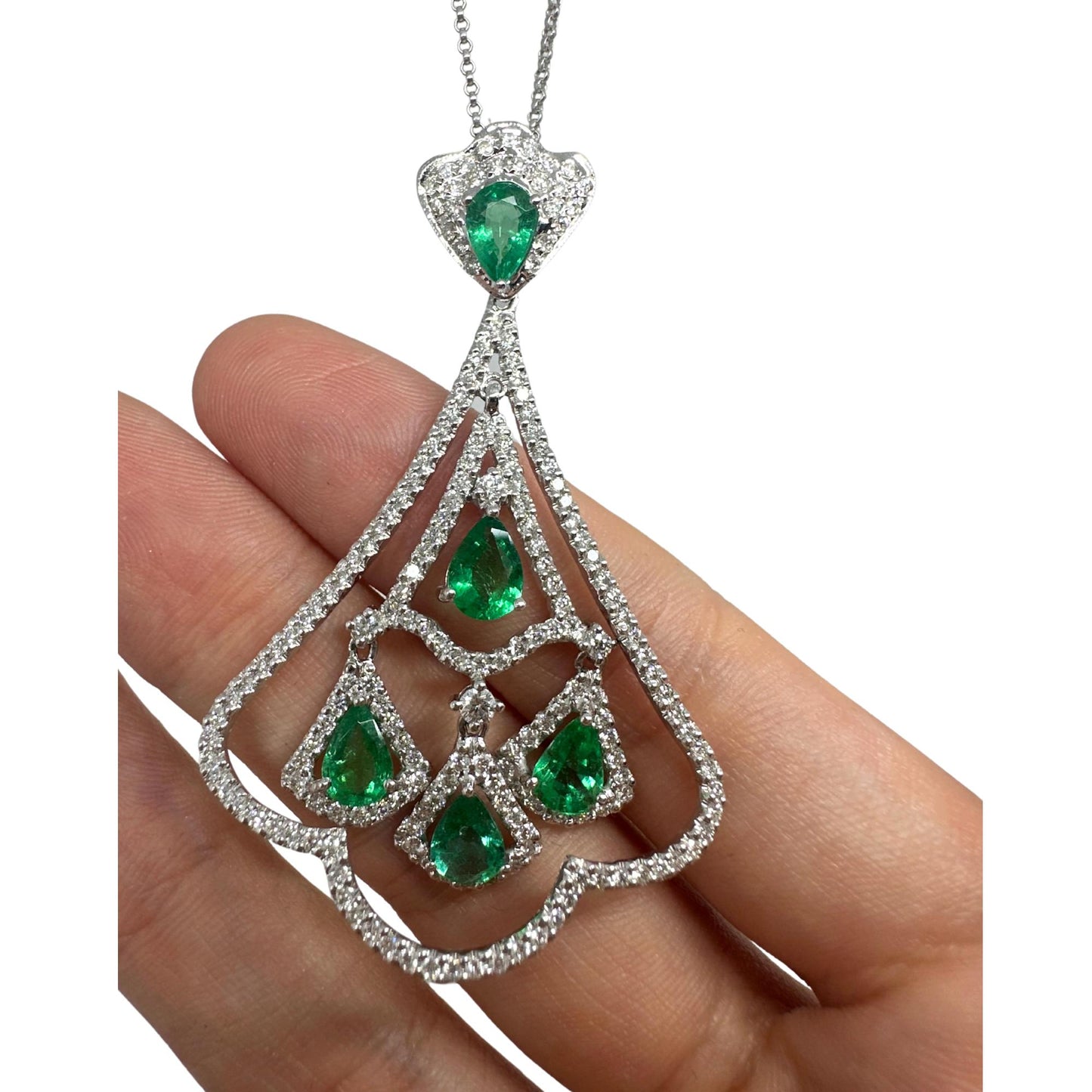 18K White Gold Diamond and Pear Cut Emerald Pendant Necklace