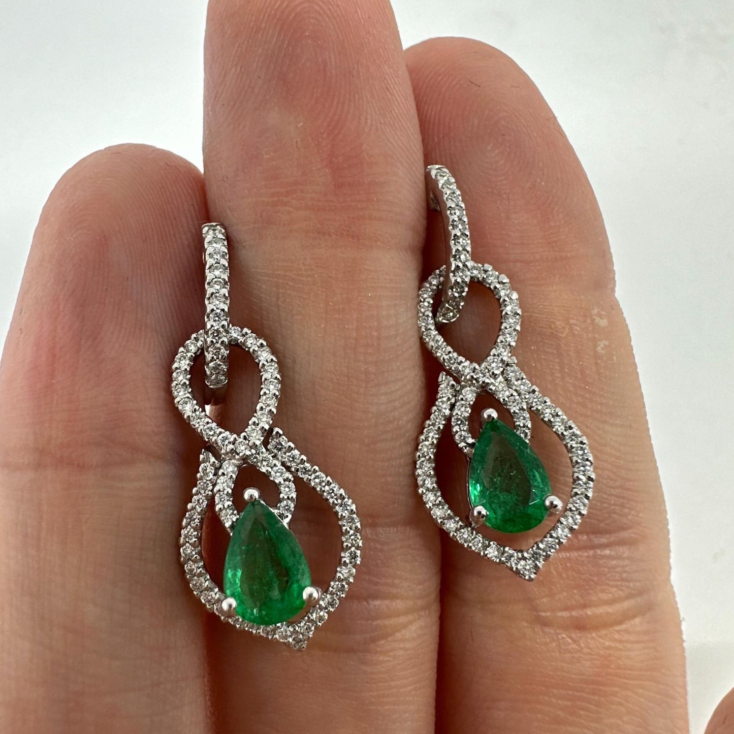 18K White Gold Diamond and Pear Cut Emerald Convertible Earrings