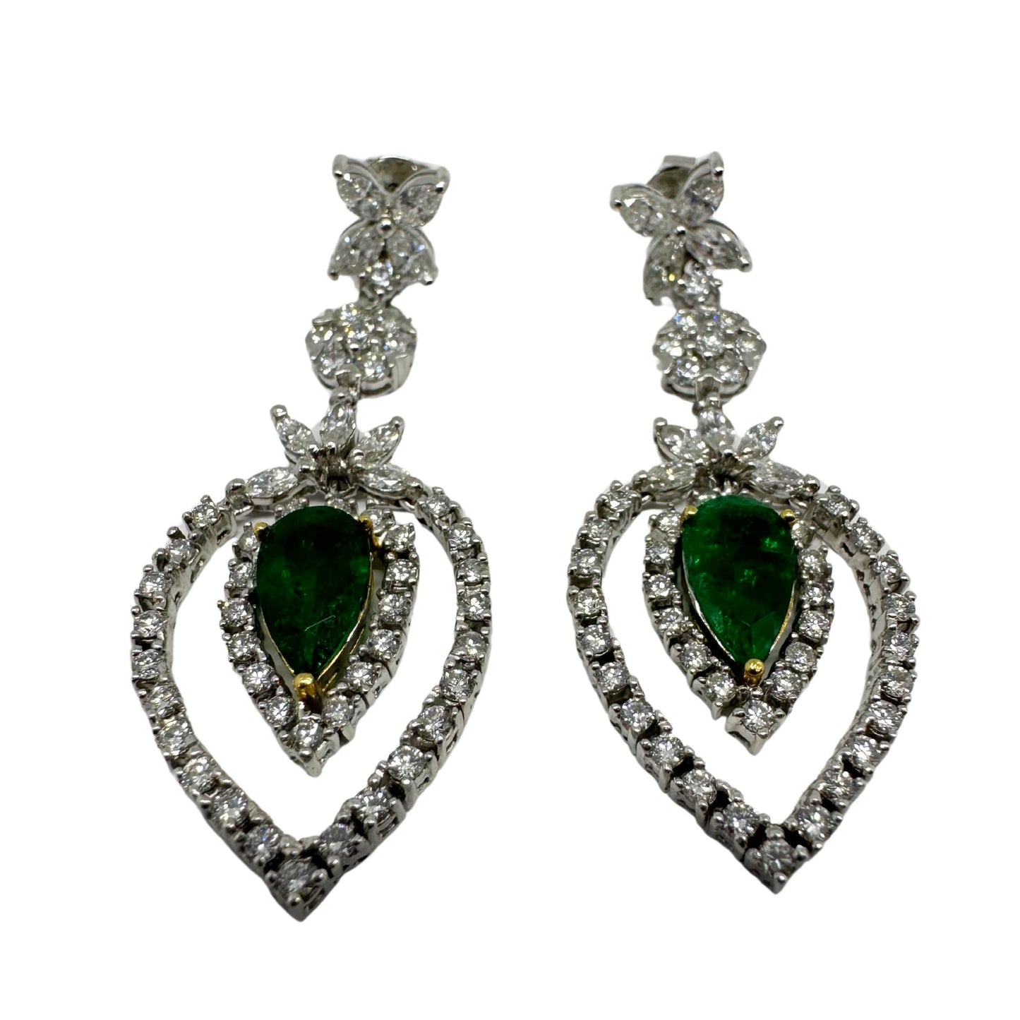 18K Two Tone Diamond and Pear Cut Emerald Drop Earrings