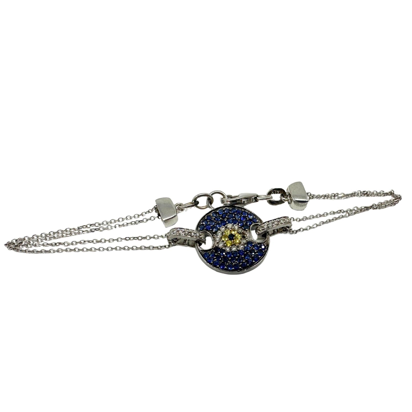 14K White Gold Diamond, Blue and Yellow Sapphire Evil Eye Bracelet