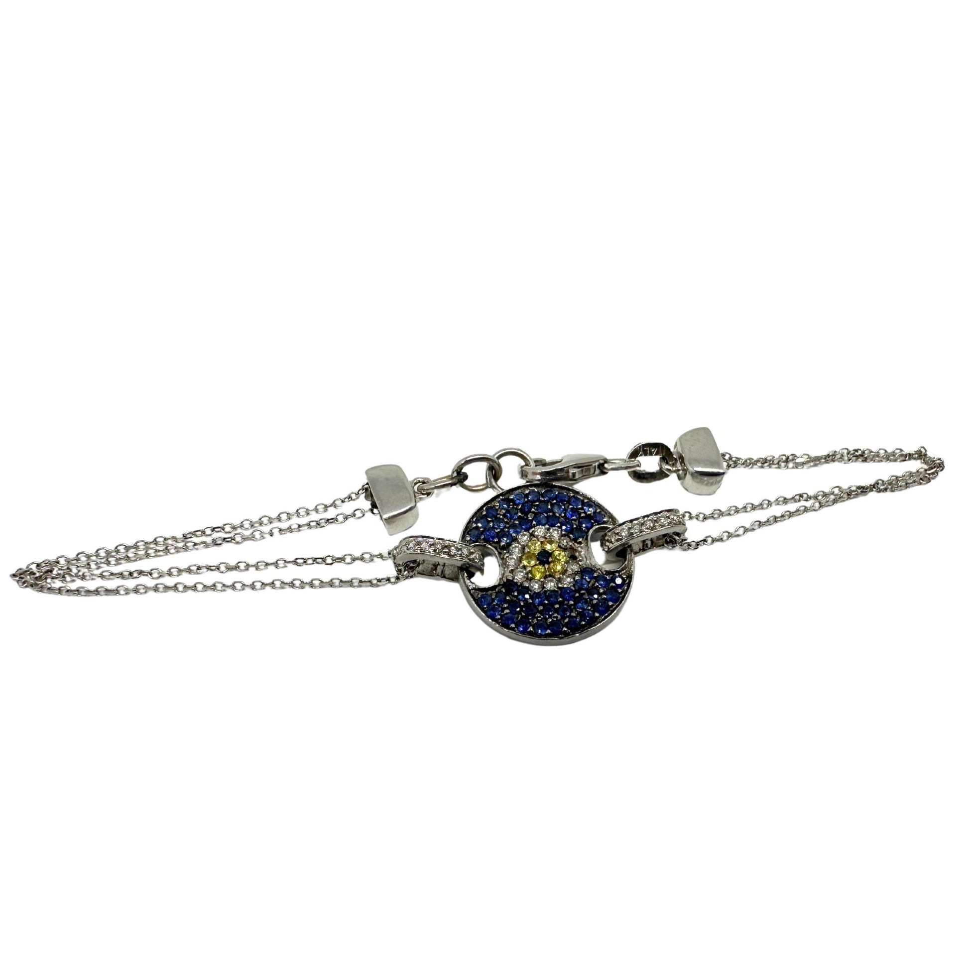 14K White Gold Diamond, Blue and Yellow Sapphire Evil Eye Bracelet