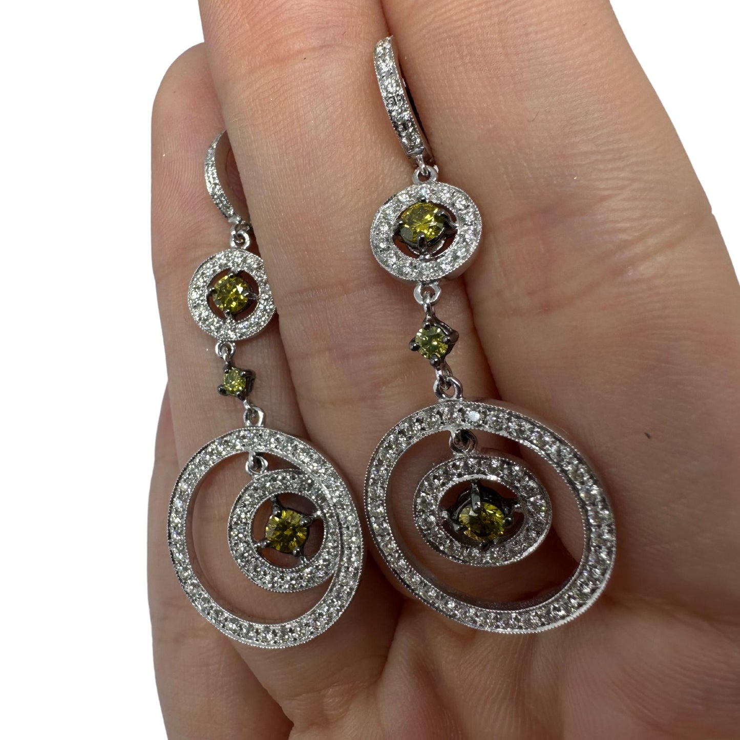 18K White Gold White and Yellow Diamond Drop Earrings