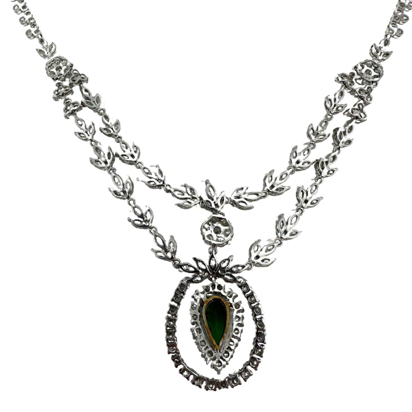 18K White Gold Marquise Cut Diamond and Pear Cut Emerald Necklace