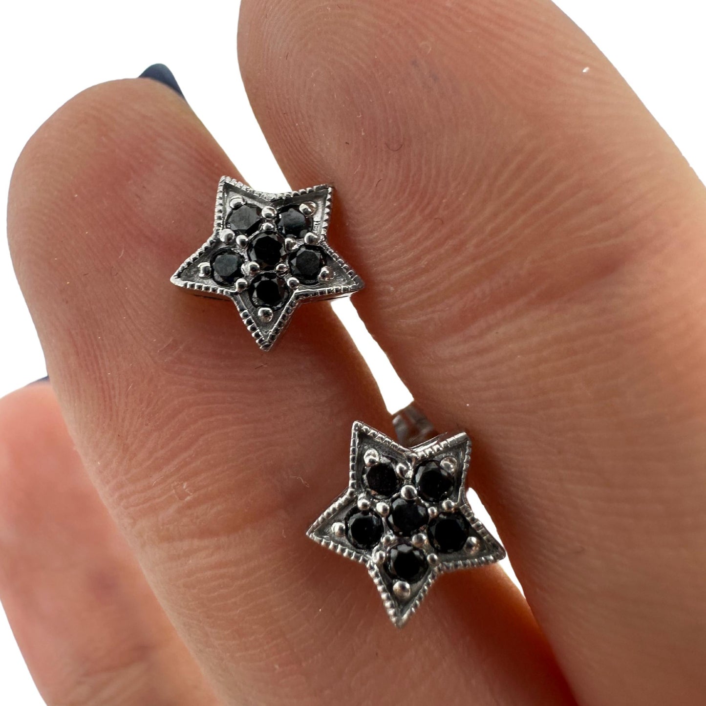 18K White Gold Black Diamond Star Studs with 14K White Gold Backing