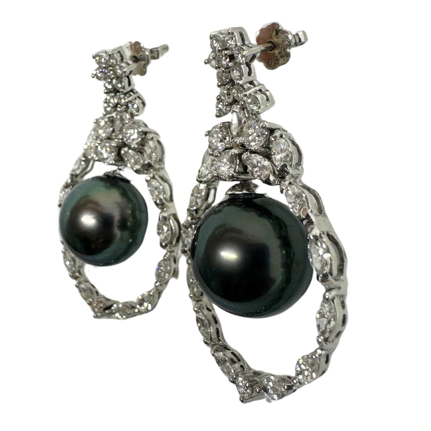 18K White Gold Diamond and Black Pearl Drop Earrings