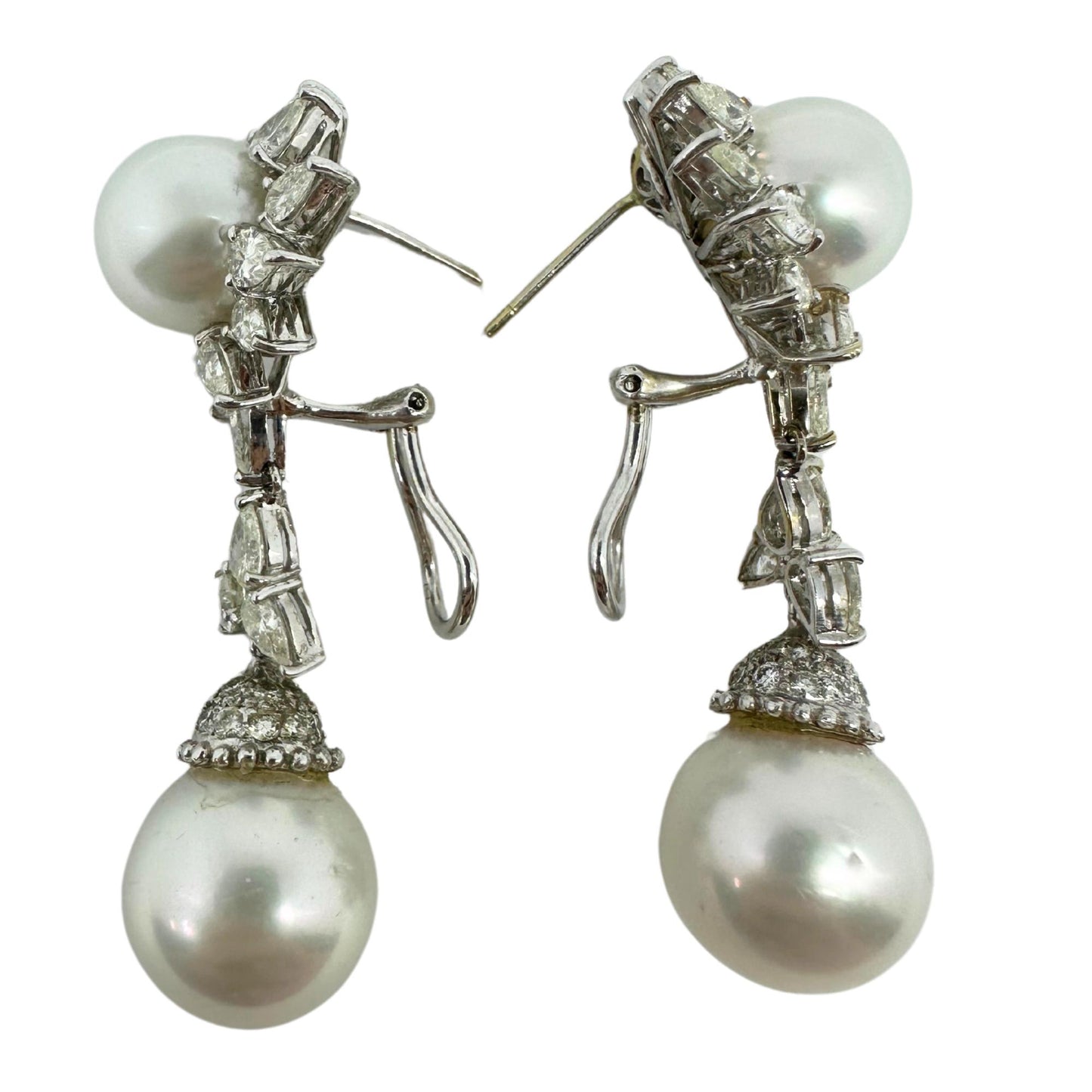 18K White Gold Pear Cut Diamond and Pearl Sunburst Drop Earrings