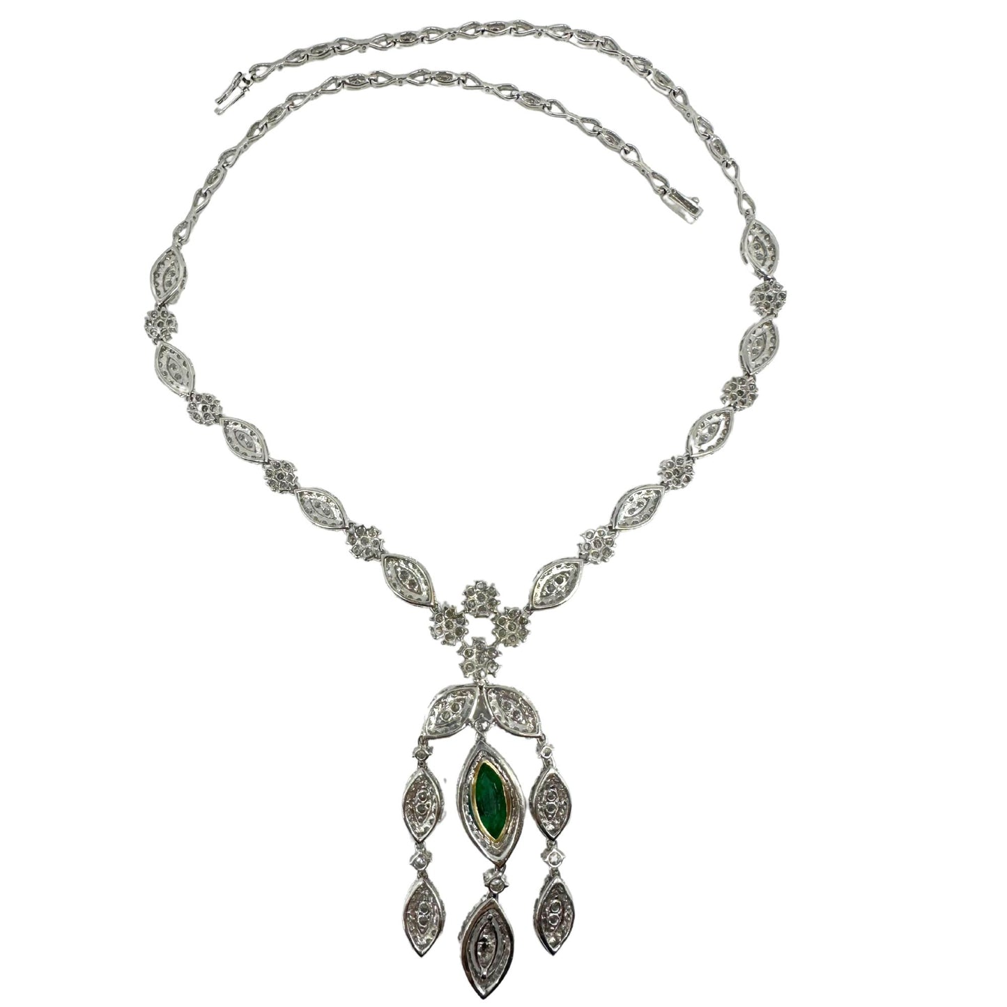 18K White Gold Diamond and Marquise Cut Emerald Drop Necklace