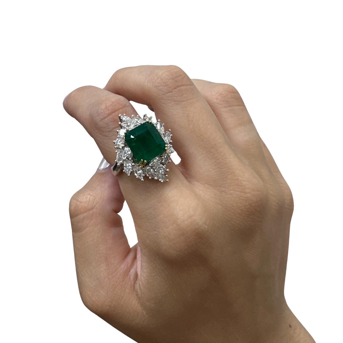 18k Two Tone Marquise Cut Diamond and Emerald Ring