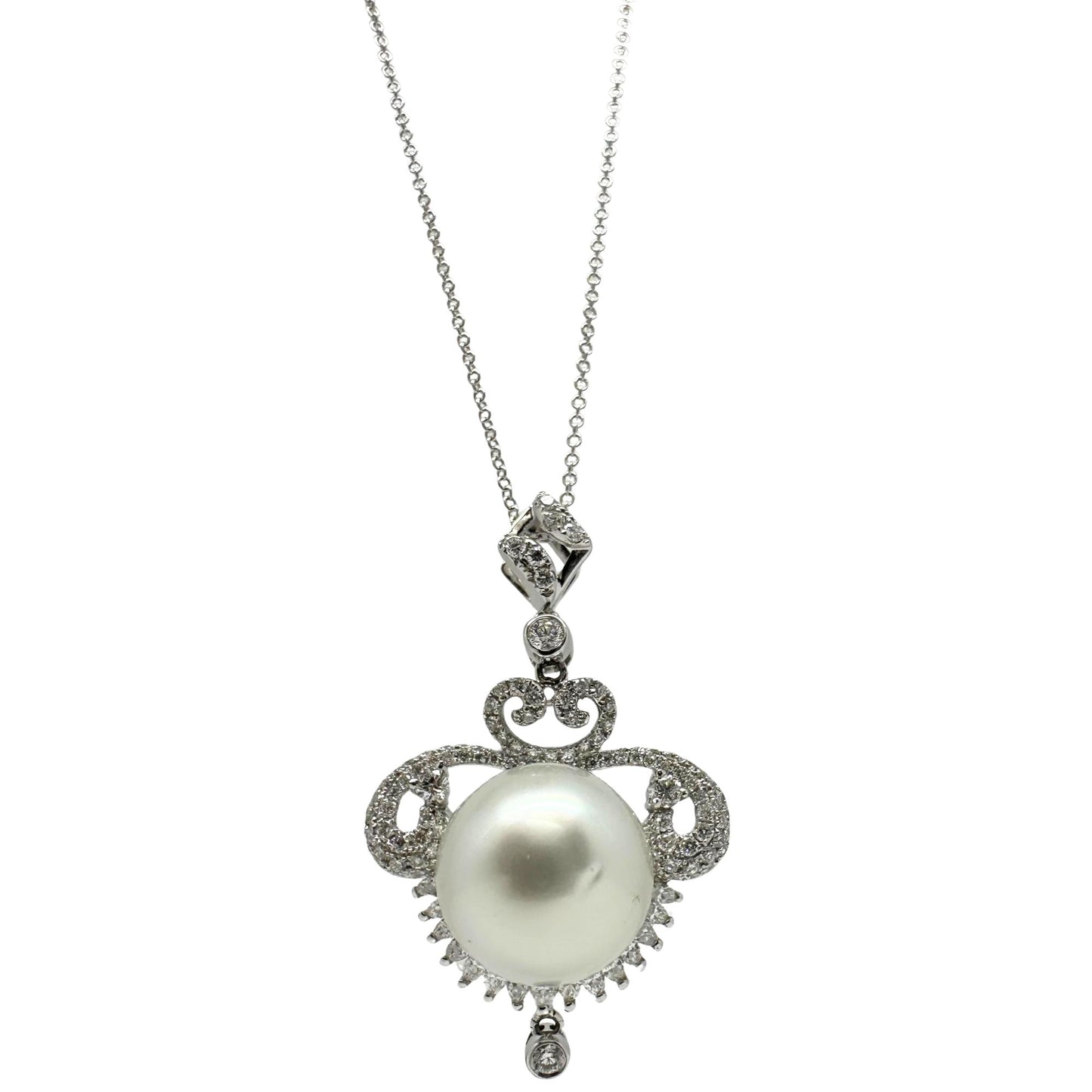 Edwardian-Inspired 18K White Gold Diamond Pearl Pendant Necklace 0.93ct