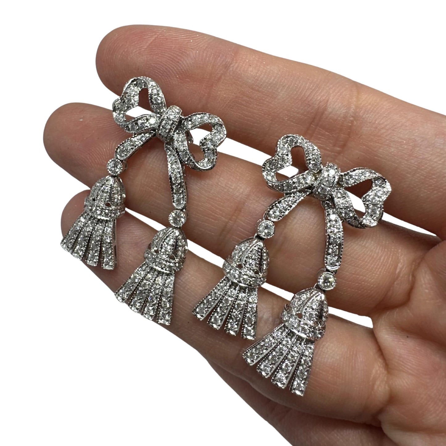 14K White Gold 1.97 Carat Diamond Bow and Tassel Earrings