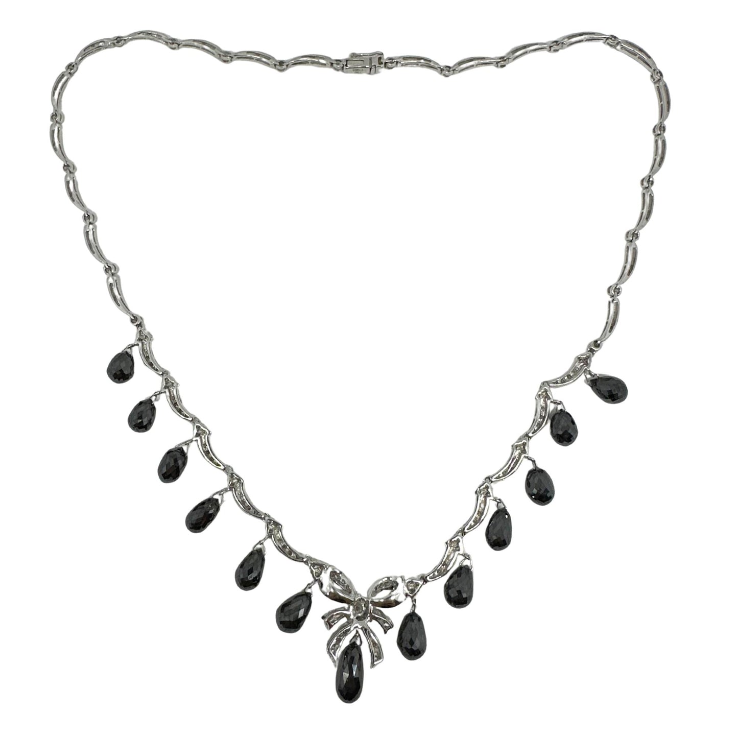 18K White Gold White Diamond and Briolette Black Diamond Bow Necklace