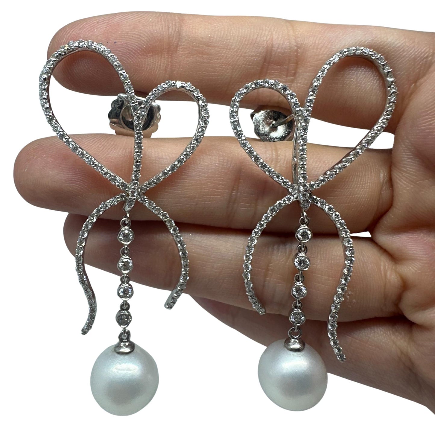 18K White Gold Diamond and Pearl Bow Earrings
