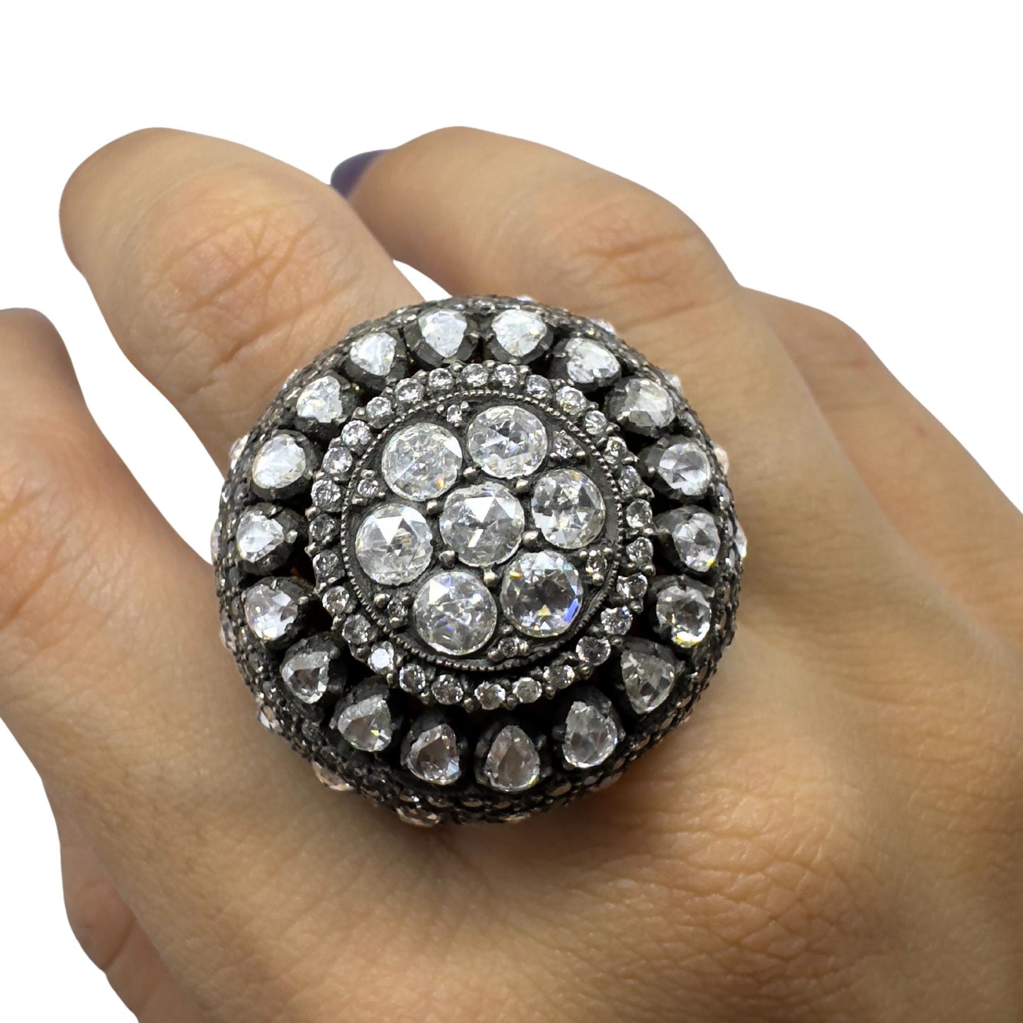 Bold and Heavy 18K Yellow Gold and Silver Top Rose Cut Diamond Cocktail Ring
