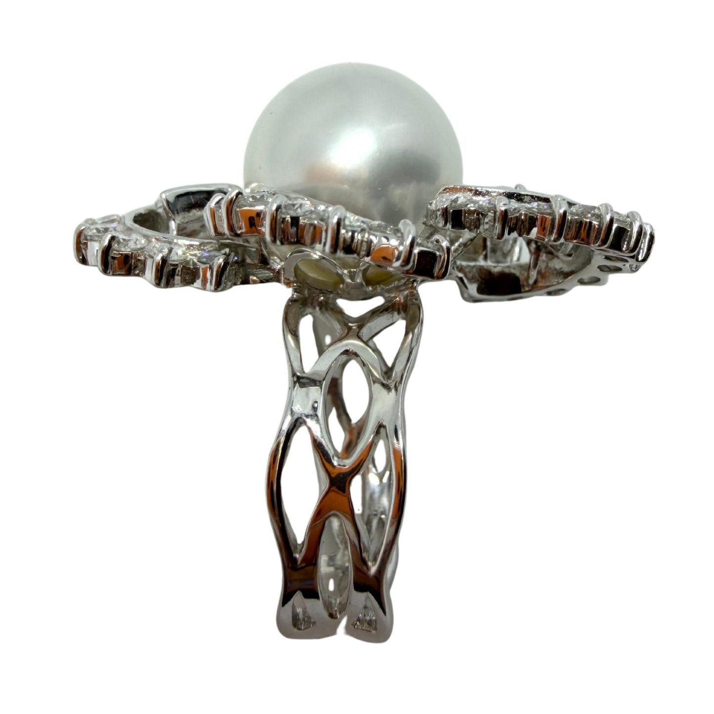 18K White Gold 2.48 Carat Diamond and Pearl Cocktail Ring - Size 7.5
