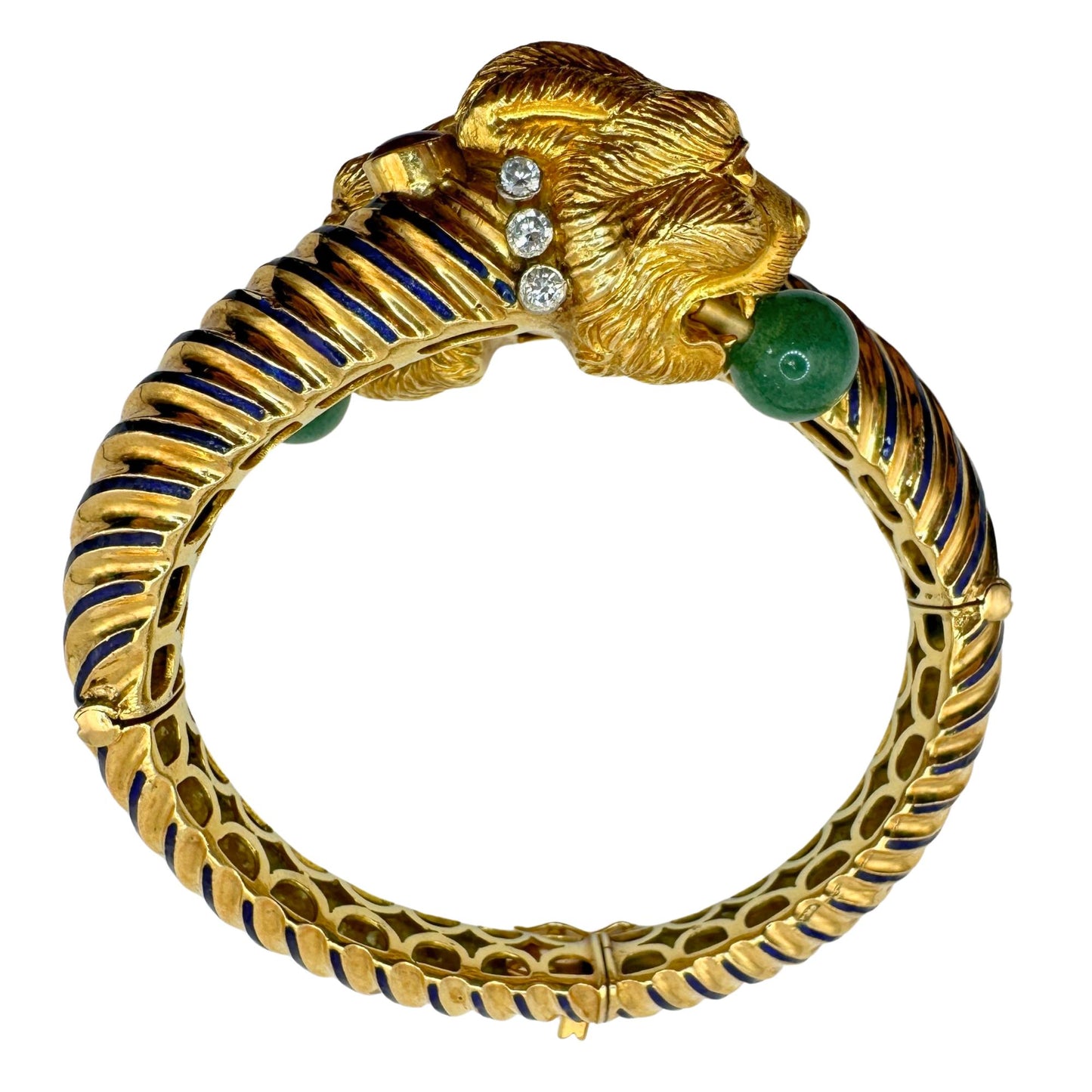 18k 1960's Twin Lion Head Bangle with Diamonds, Enamel, Rubies and Jade