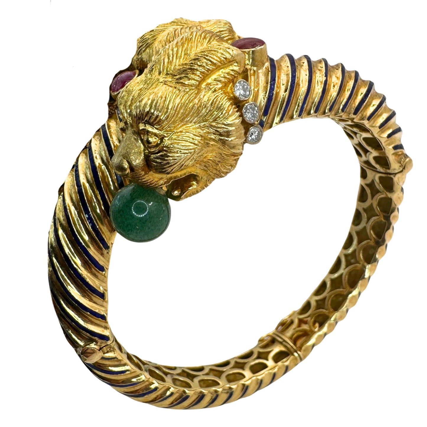 18k 1960's Twin Lion Head Bangle with Diamonds, Enamel, Rubies and Jade