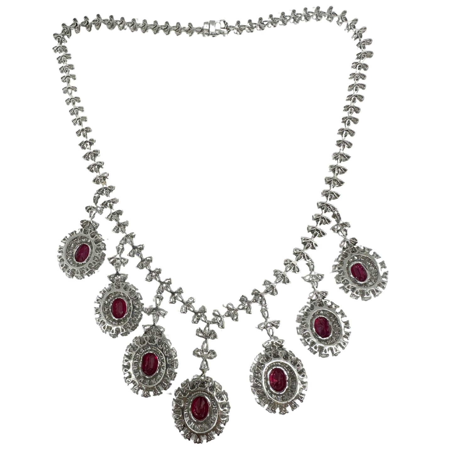 18K White Gold Pear Cut Diamond and African Ruby Necklace