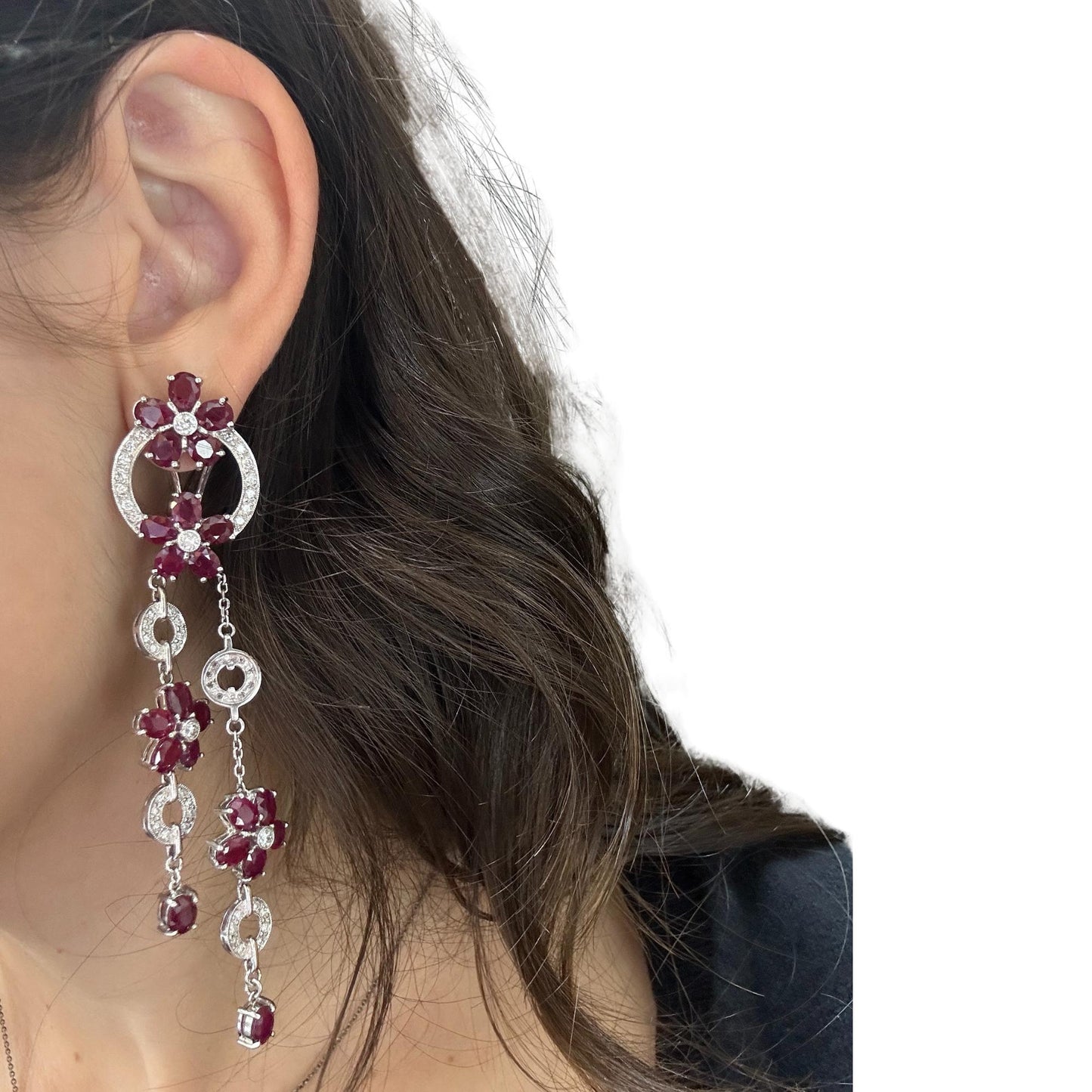 14K White Gold Diamond and Ruby Flower Drop Earrings
