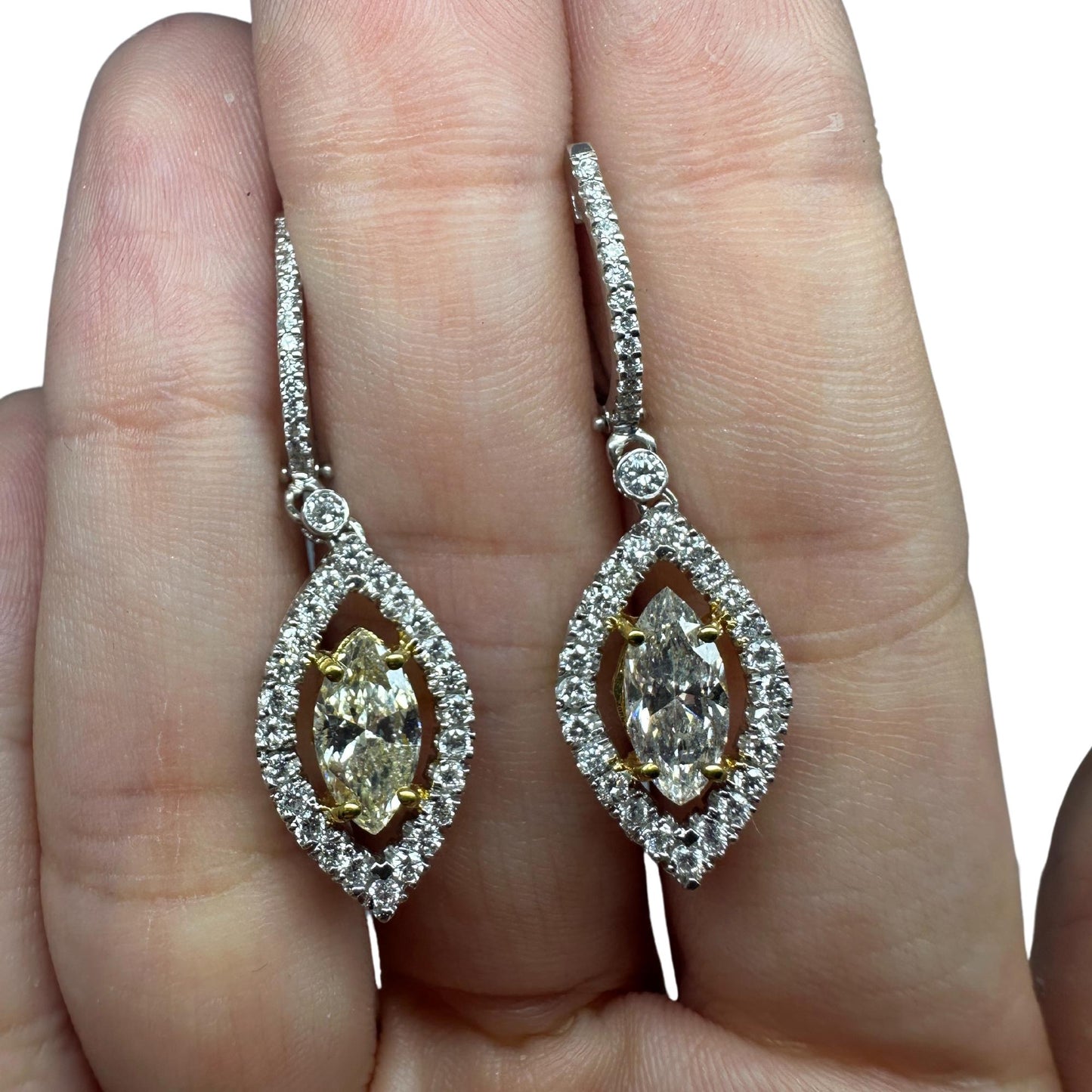 18K Two Tone Marquise Cut Yellow Diamond and White Diamond Earrings
