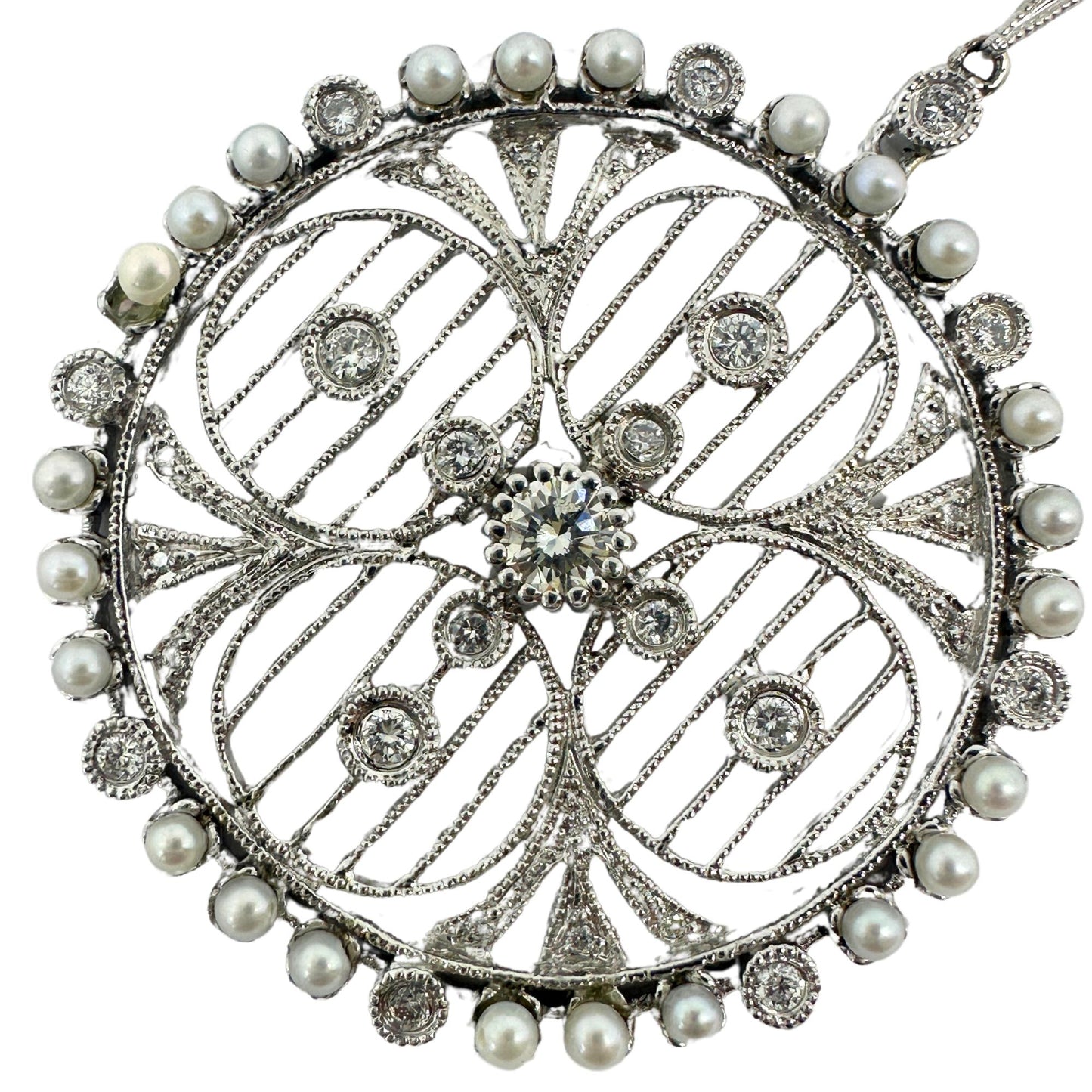 Edwardian-Inspired 18k White Gold Diamond and Pearl Filigree Pendant Necklace