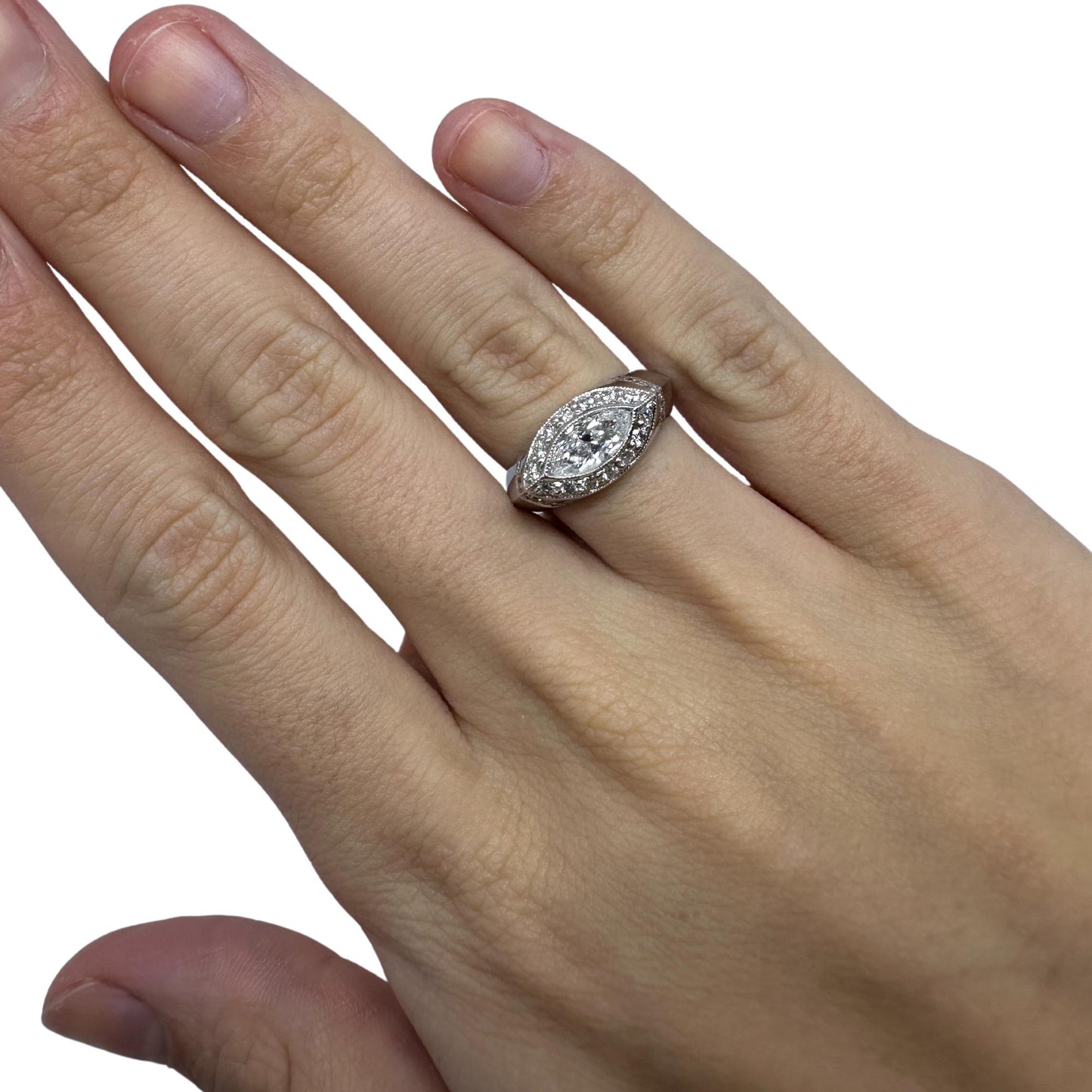 18k East-West Marquise Shaped Diamond Center Ring with Diamond Halo Ring