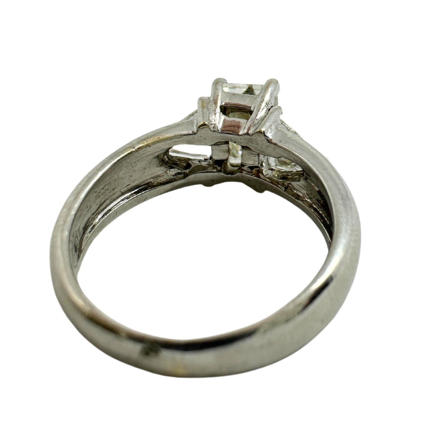 18K White Gold Emerald and Trillion Cut Diamond Three Stone Ring