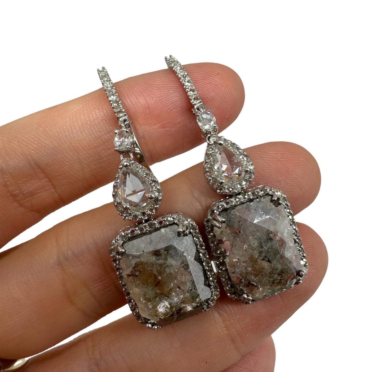 18K White Gold Rose Cut Diamond Drop Earrings