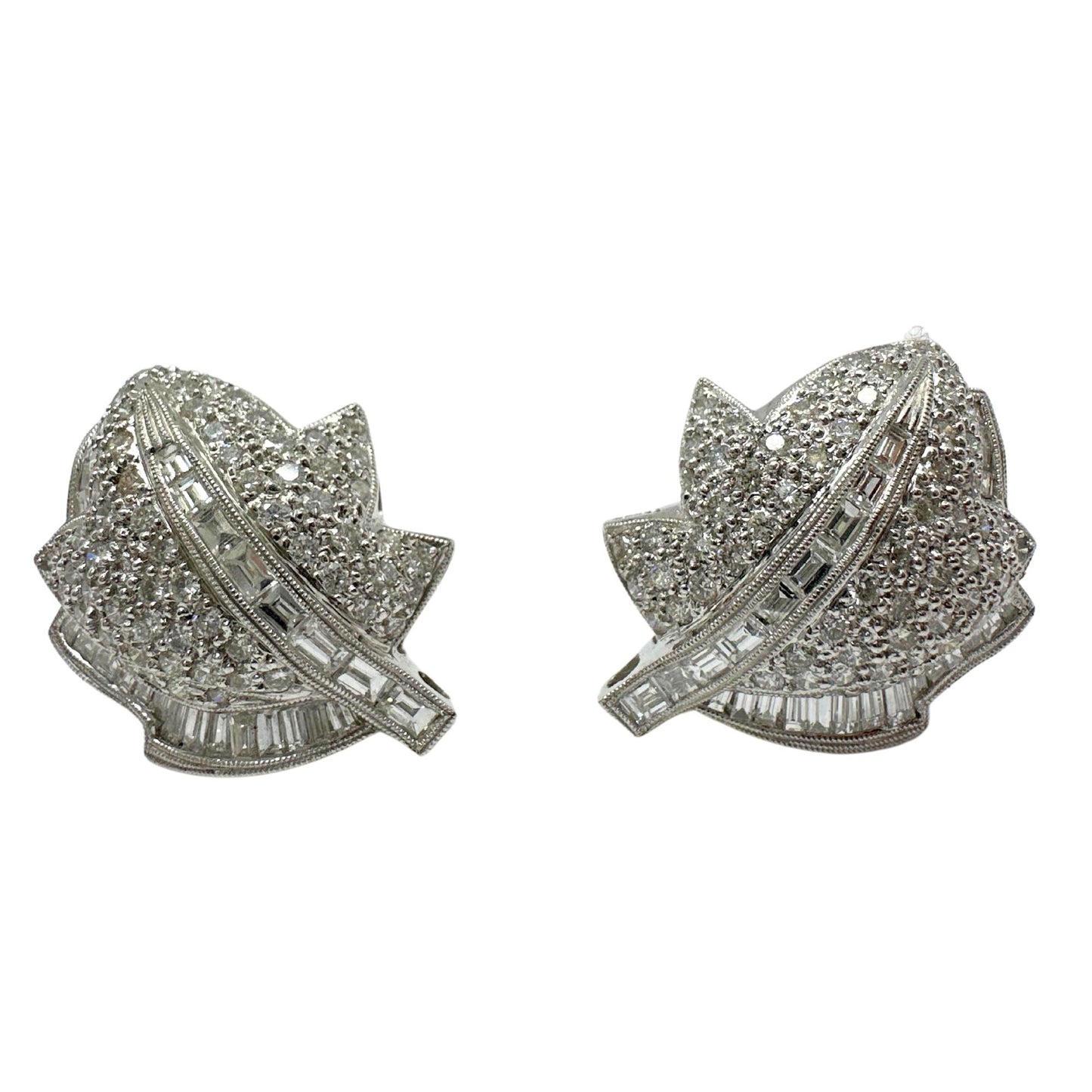 Platinum Baguette Cut Diamond Leaf Earrings