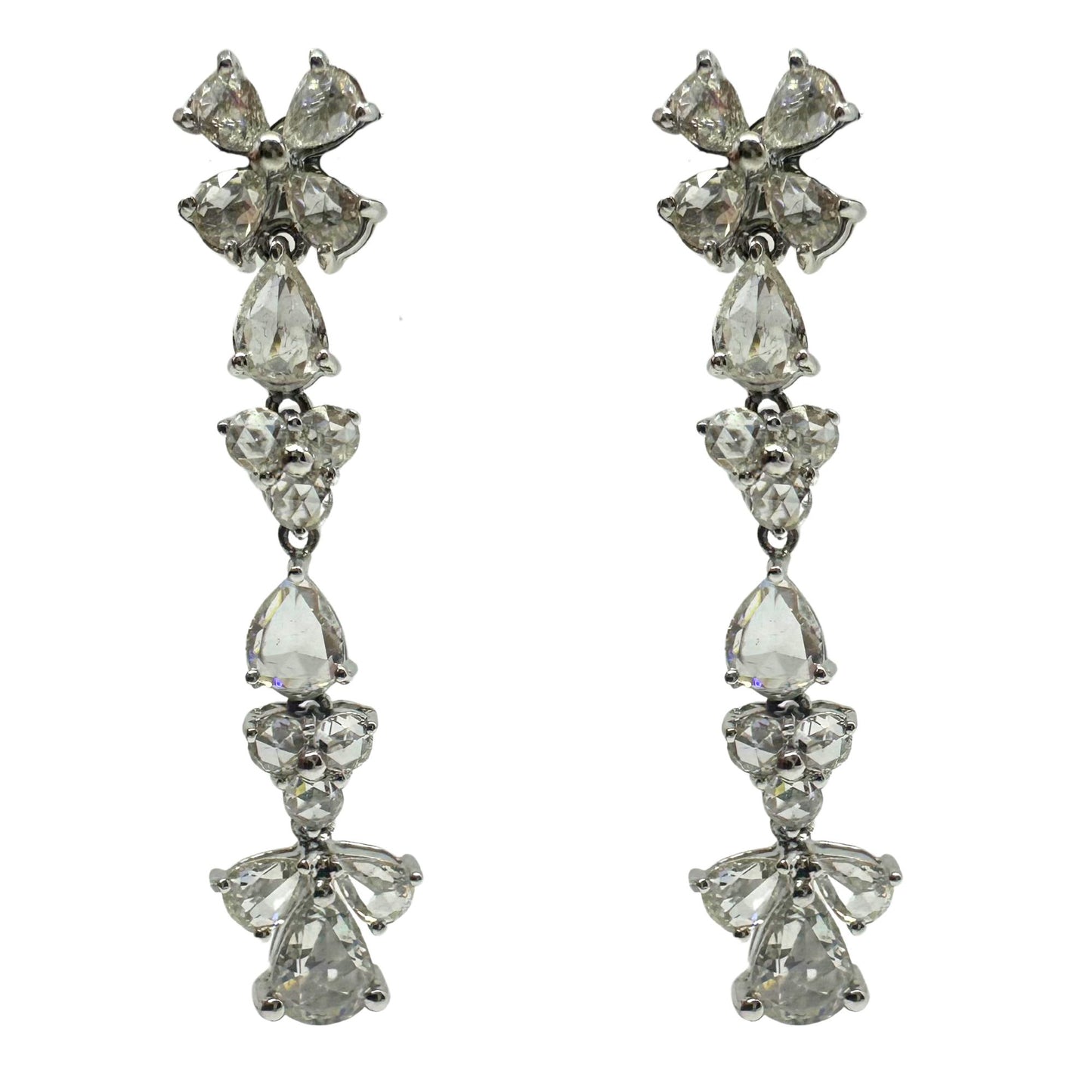 18K White Gold Rose Cut Pear Diamond Drop Earrings