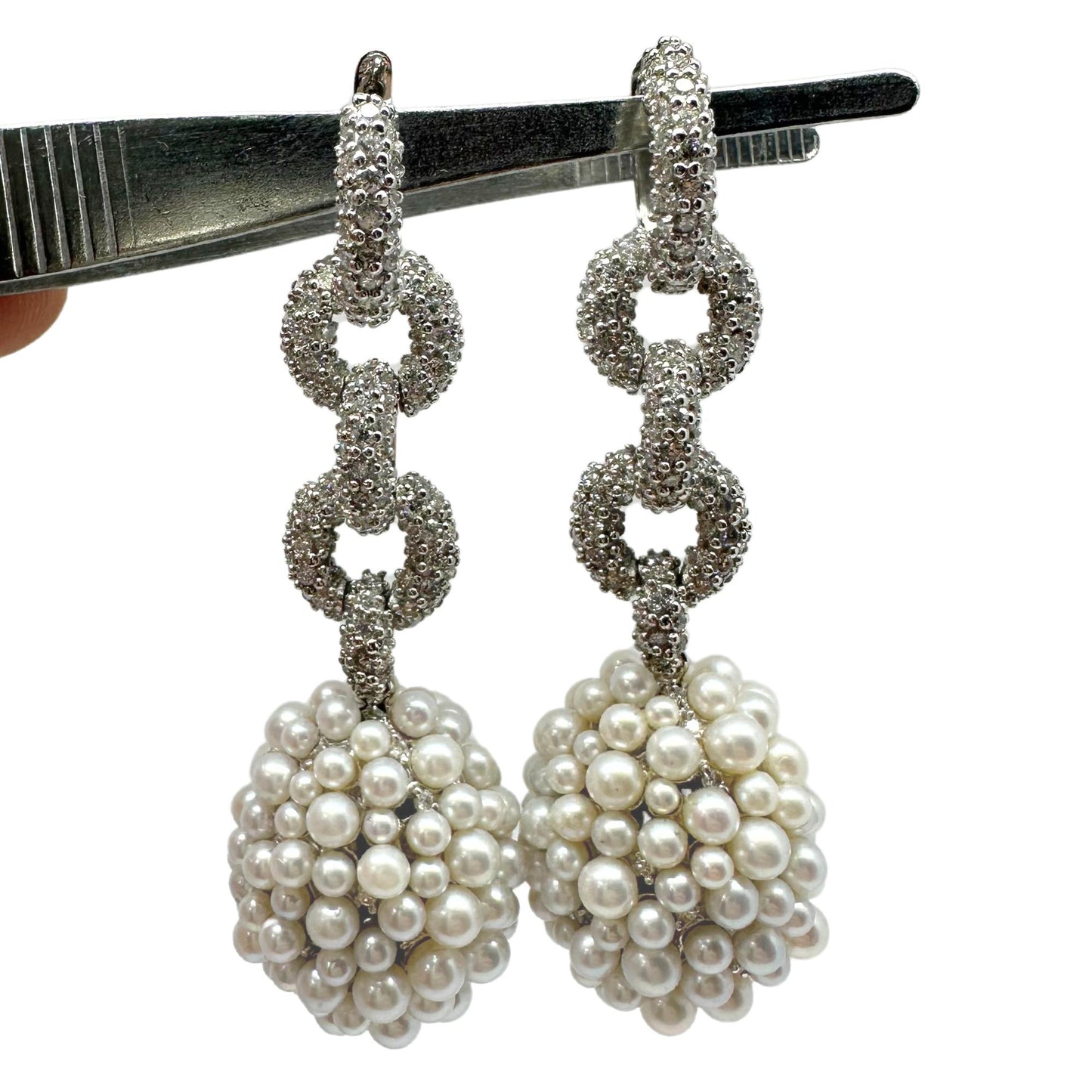 18K White Gold Diamond and Pearl Drop Earrings