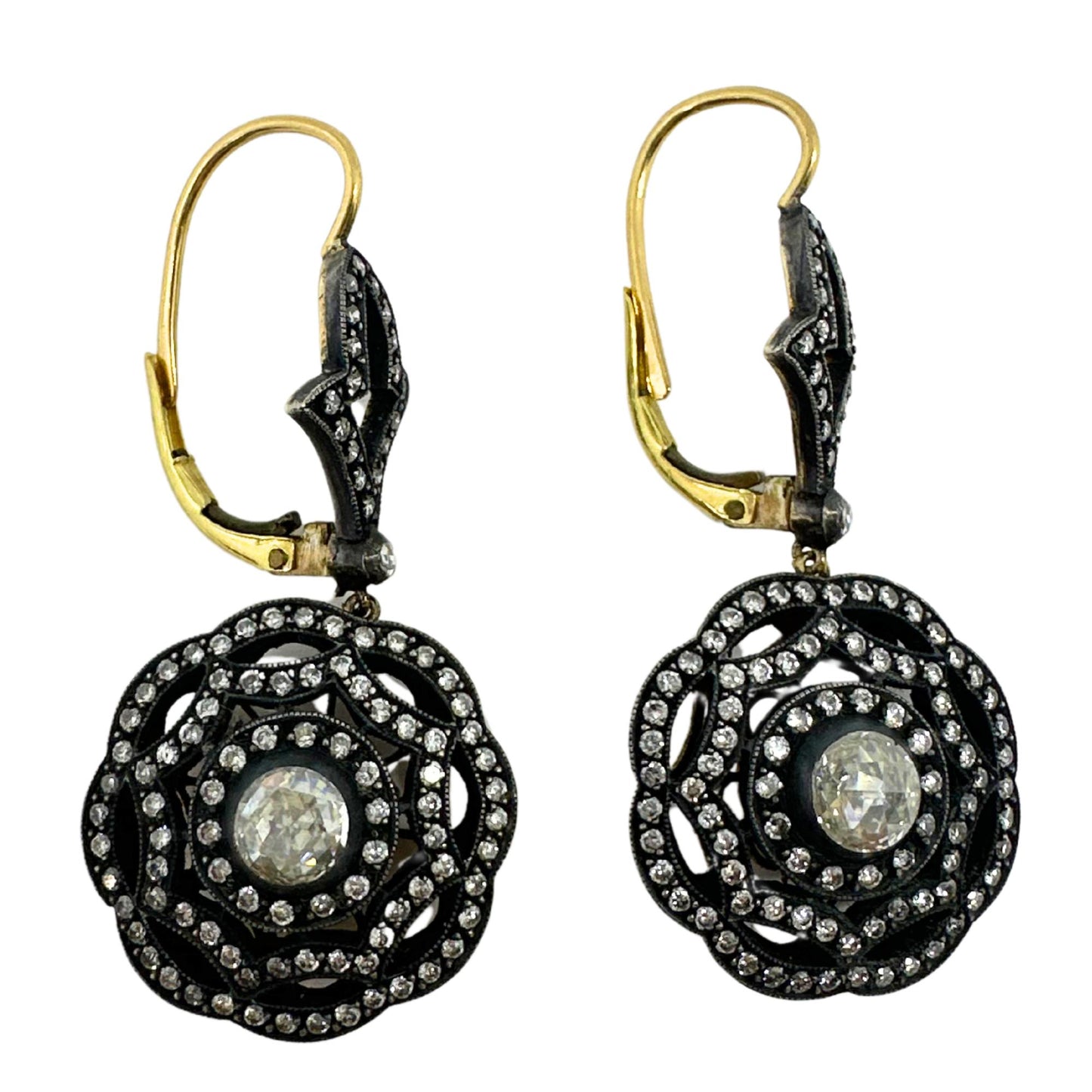 18K Yellow Gold and Silver Top Rose Cut Diamond Drop Earrings