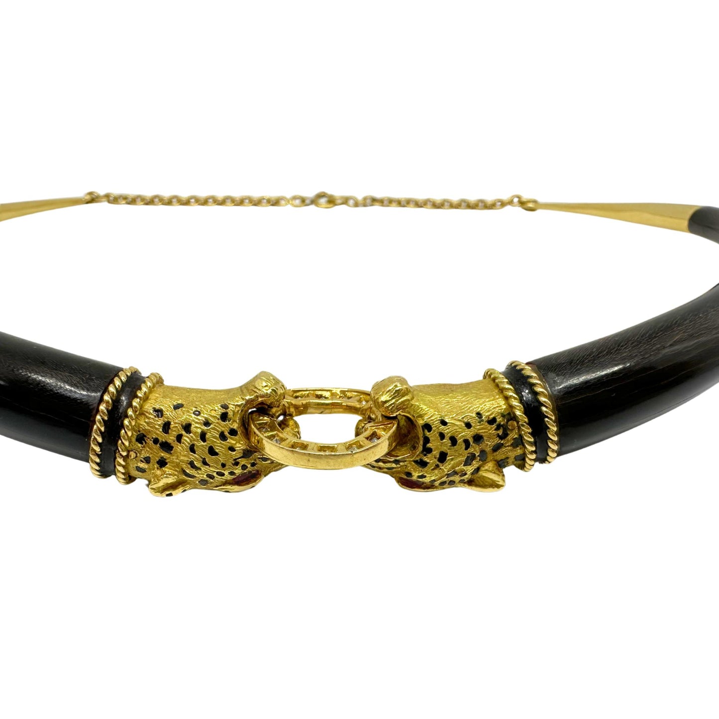 1960's French 18K Yellow Gold, Wood, Enamel, Ruby and Diamond Leopard Necklace