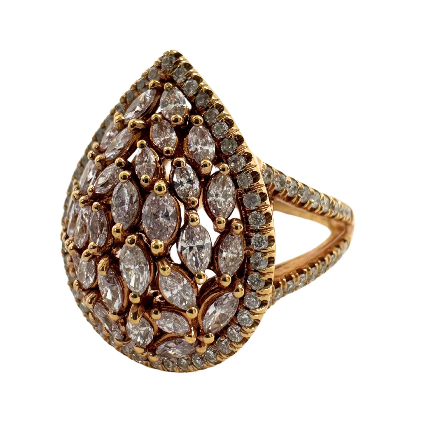 18K Rose Gold Marquise Cut Pink and White Diamond Tear Drop Dome Ring
