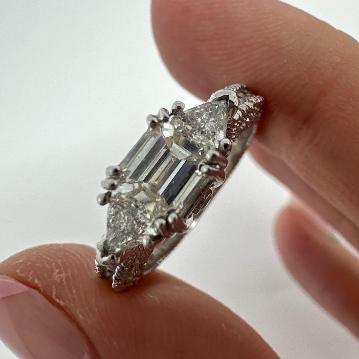18K White Gold Trillion and Emerald Cut Diamond Ring