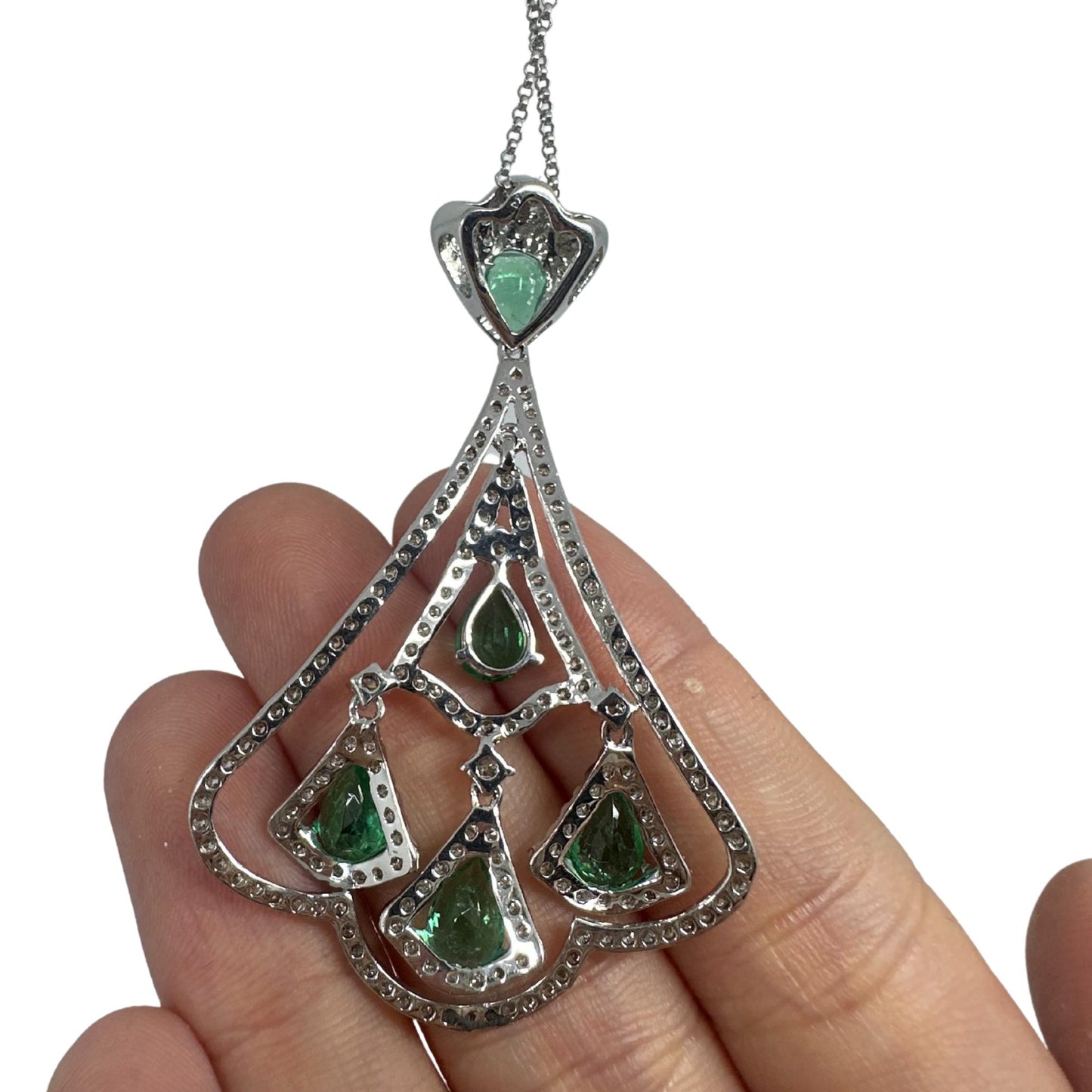18K White Gold Diamond and Pear Cut Emerald Pendant Necklace
