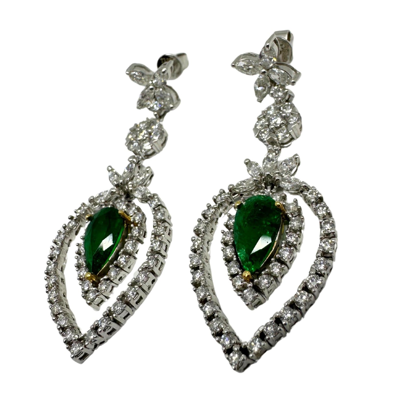 18K Two Tone Diamond and Pear Cut Emerald Drop Earrings