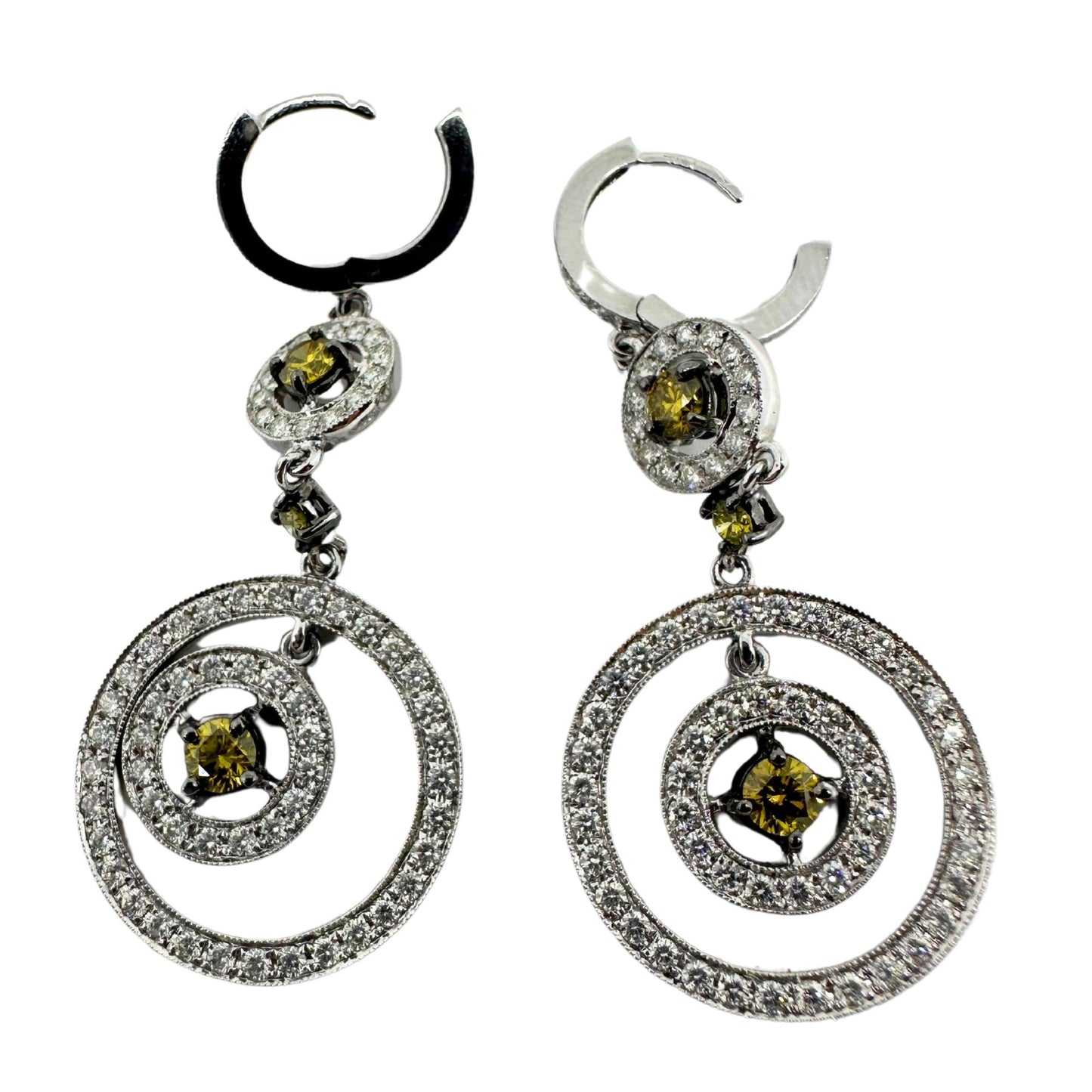 18K White Gold White and Yellow Diamond Drop Earrings