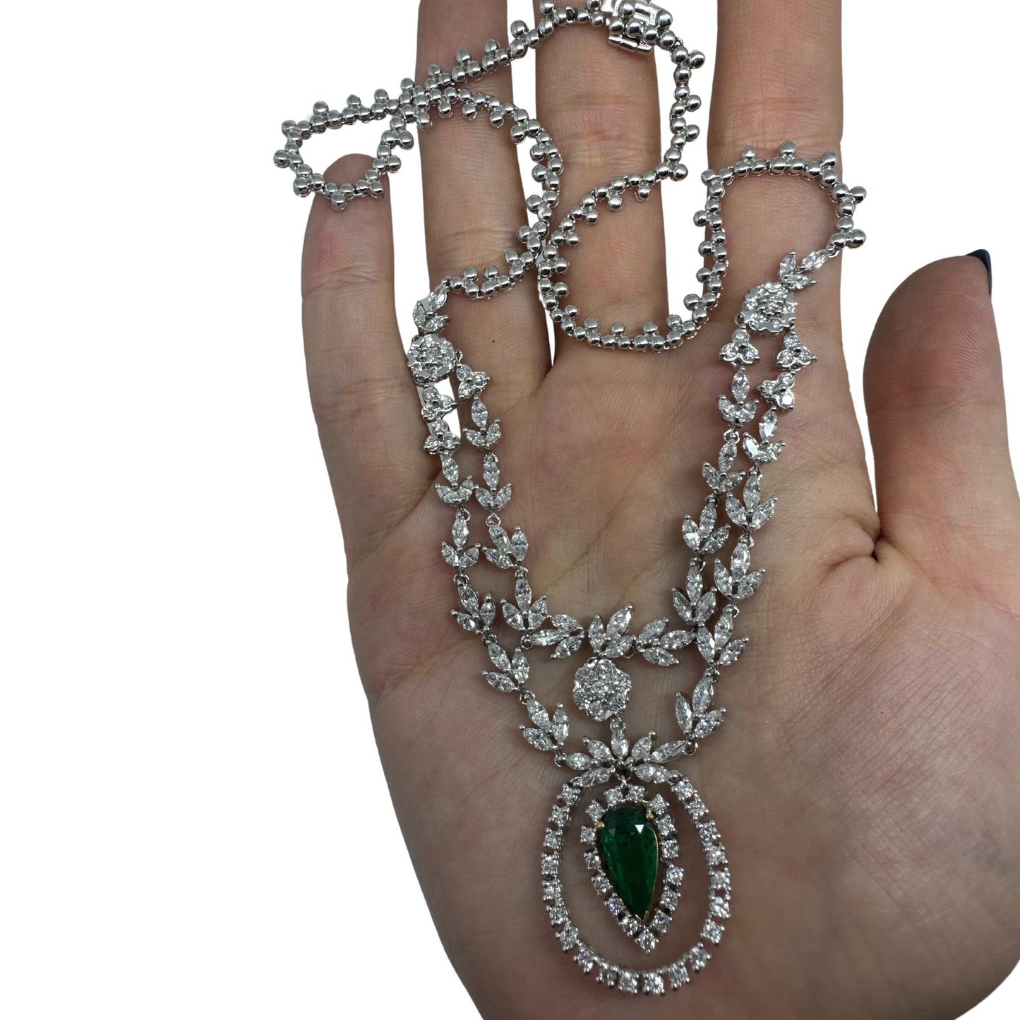 18K White Gold Marquise Cut Diamond and Pear Cut Emerald Necklace