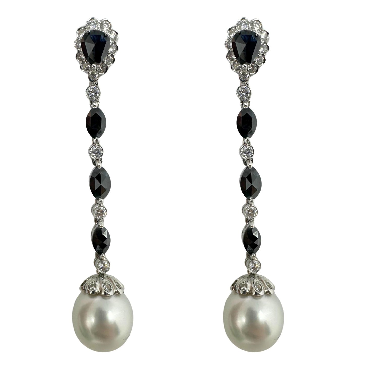 18K White Gold Marquise and Pear Cut Black and White Diamond Drop Earrings