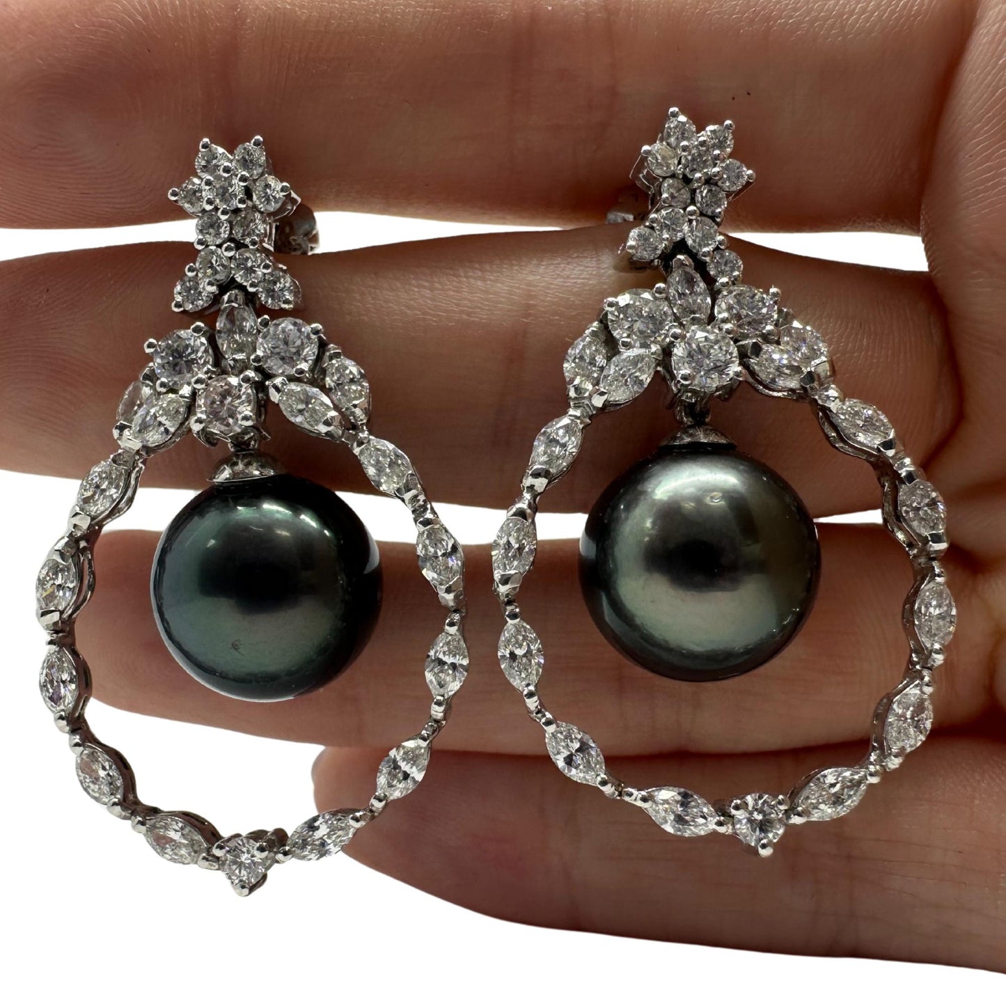 18K White Gold Diamond and Black Pearl Drop Earrings