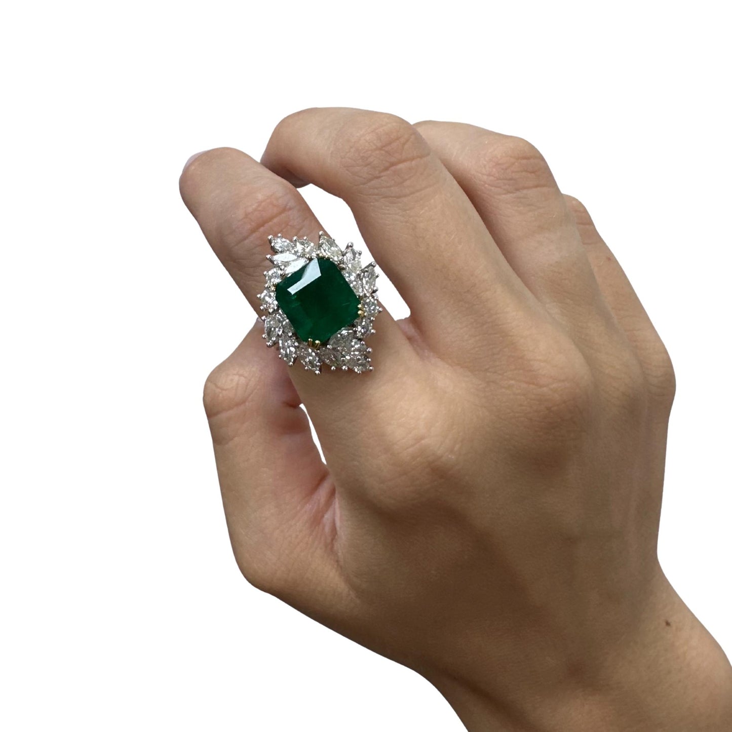 18k Two Tone Marquise Cut Diamond and Emerald Ring