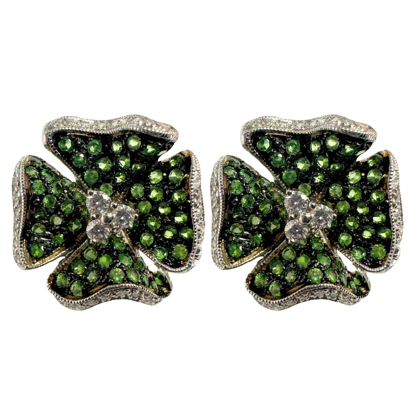 18K Diamond and Green Garnet Flower Earrings