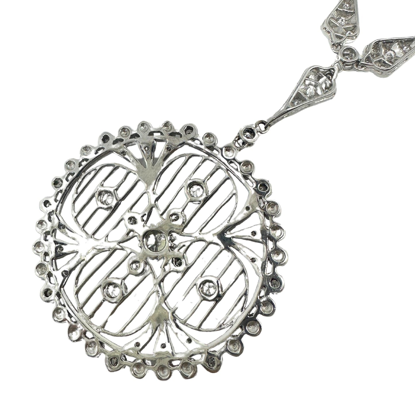 Edwardian-Inspired 18k White Gold Diamond and Pearl Filigree Pendant Necklace
