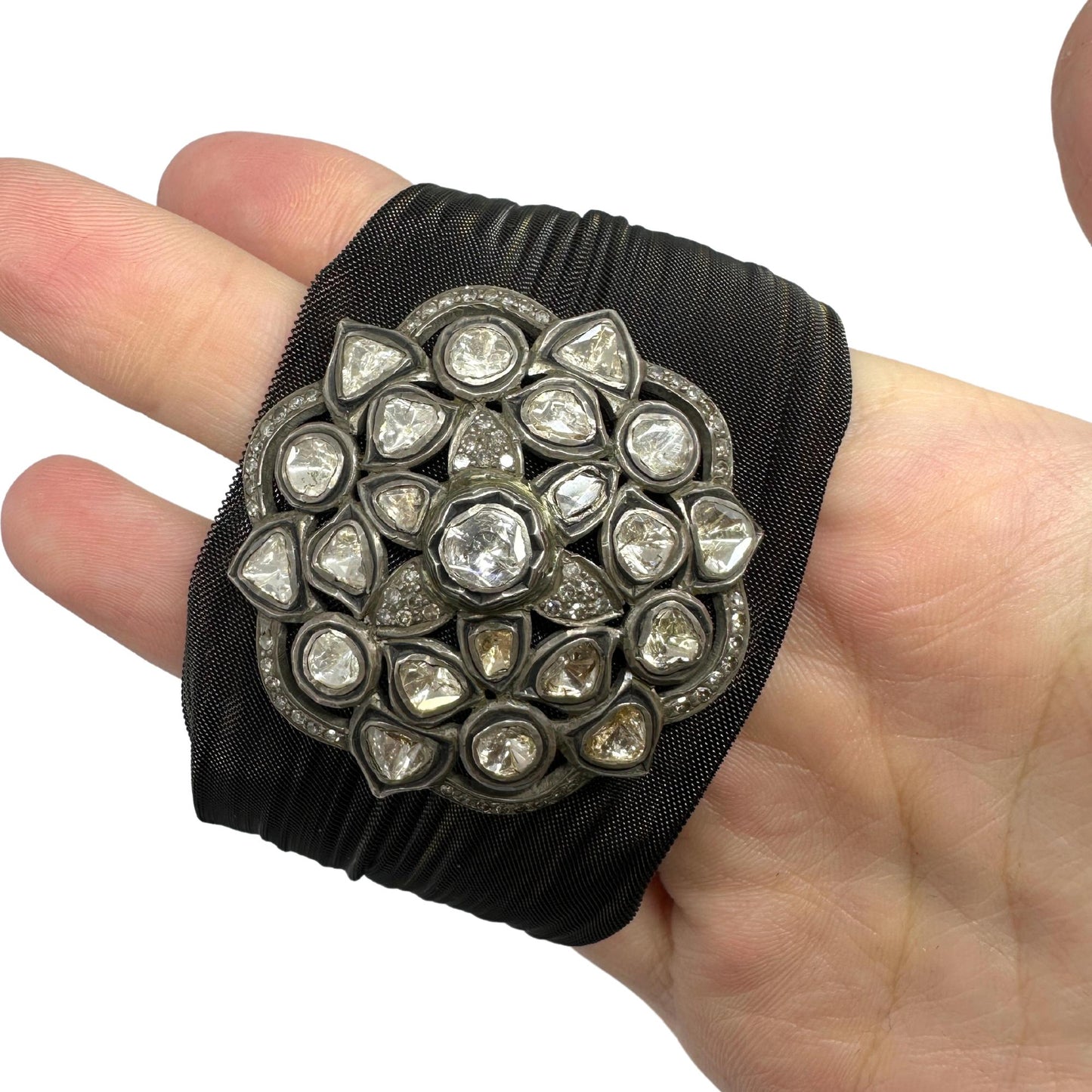 14K, Silver and Blackened Steel Mesh Rose Cut Diamond Bracelet