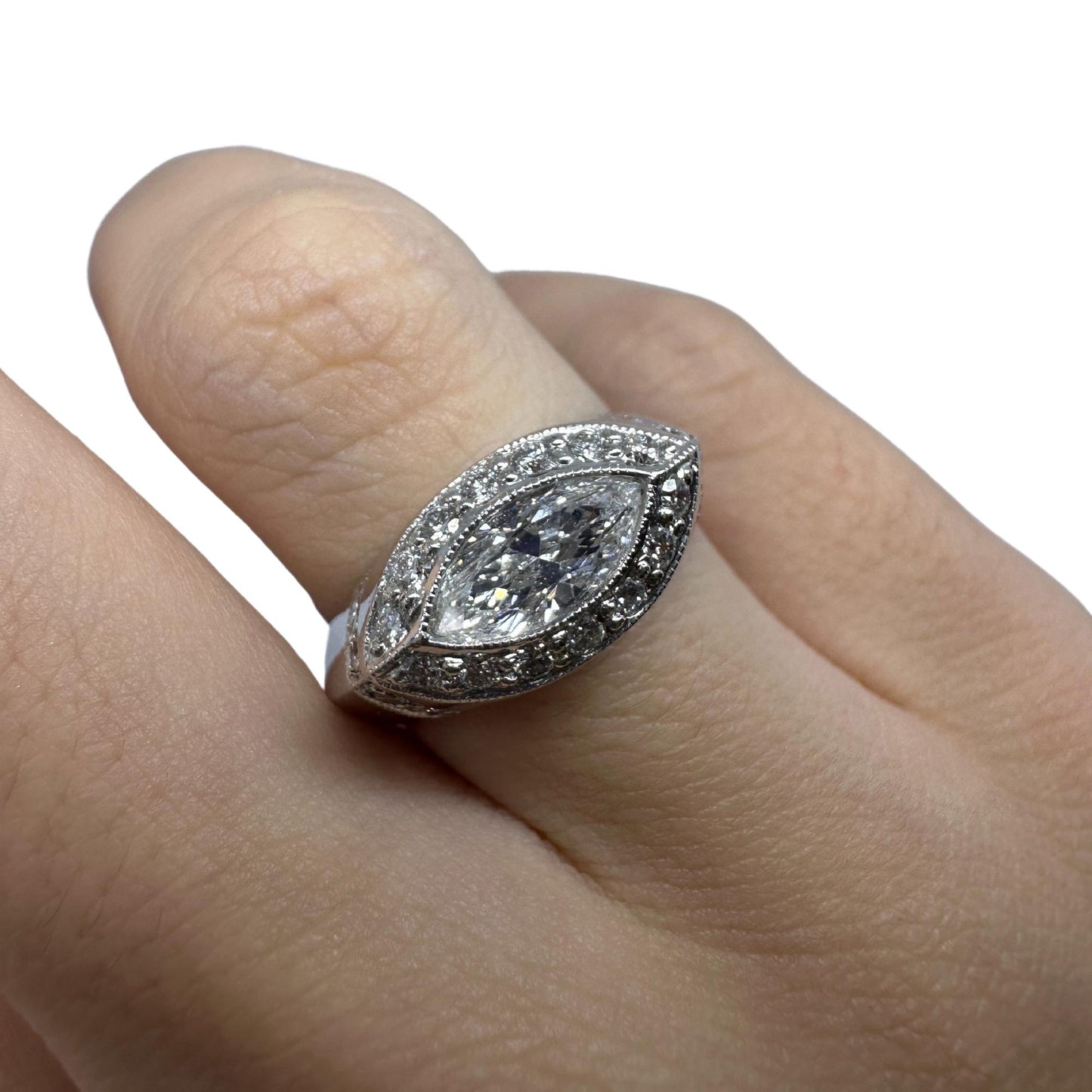 18k East-West Marquise Shaped Diamond Center Ring with Diamond Halo Ring
