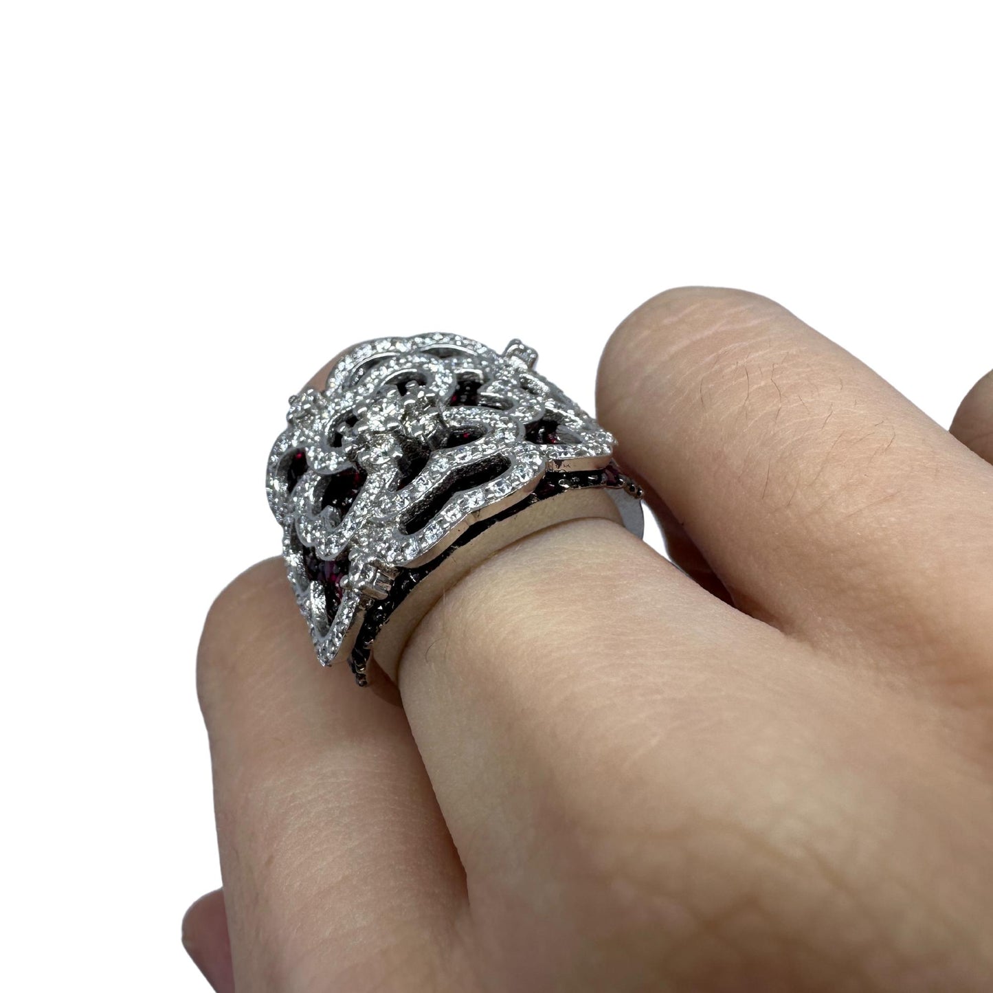 18K White Gold Diamond and Ruby Wide Band Ring