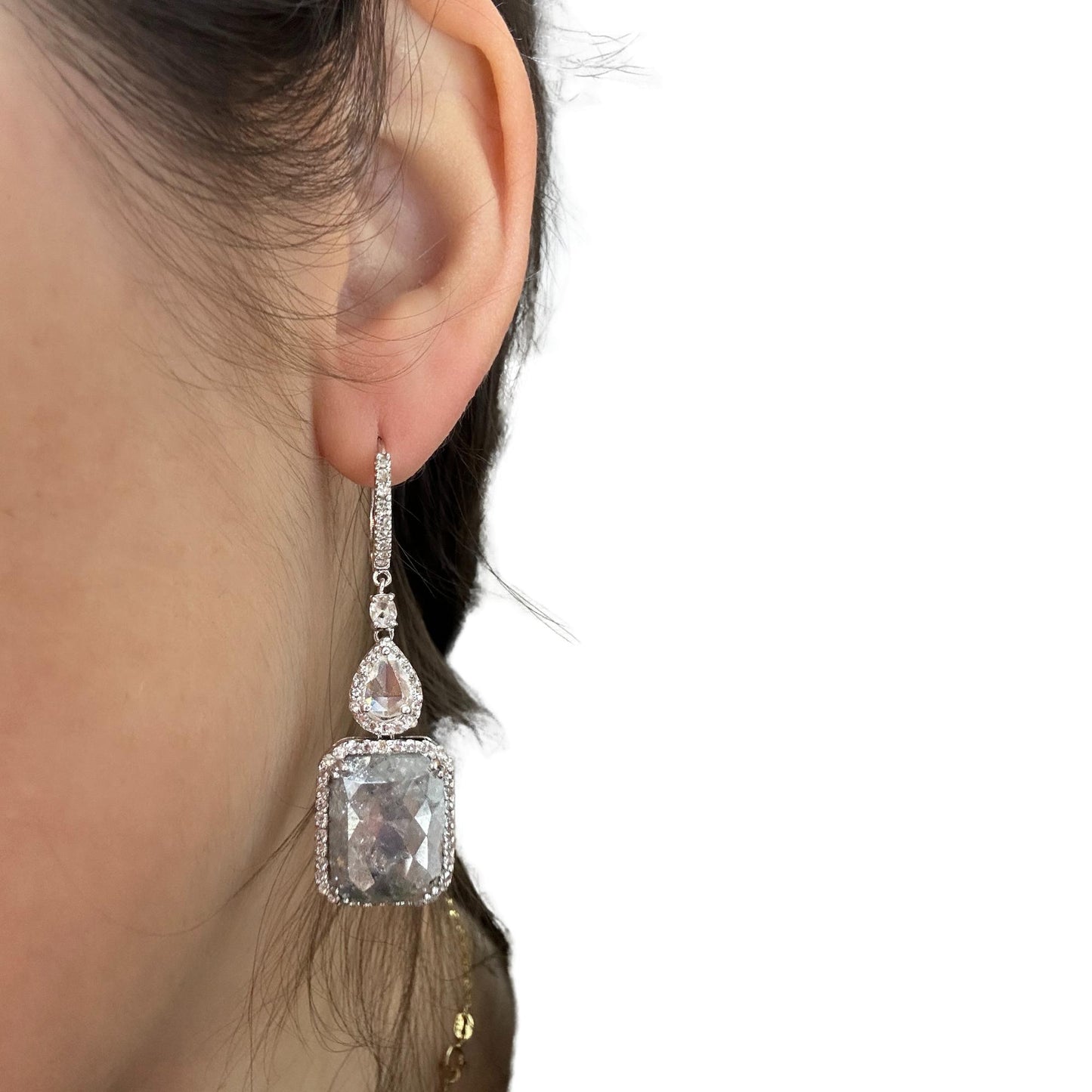 18K White Gold Rose Cut Diamond Drop Earrings
