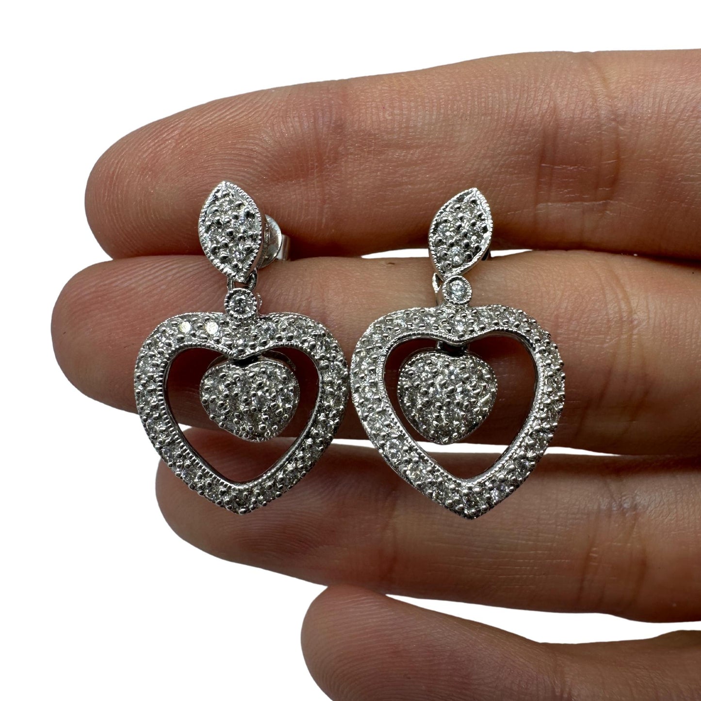 18k White Gold Diamond Heart Drop Earrings